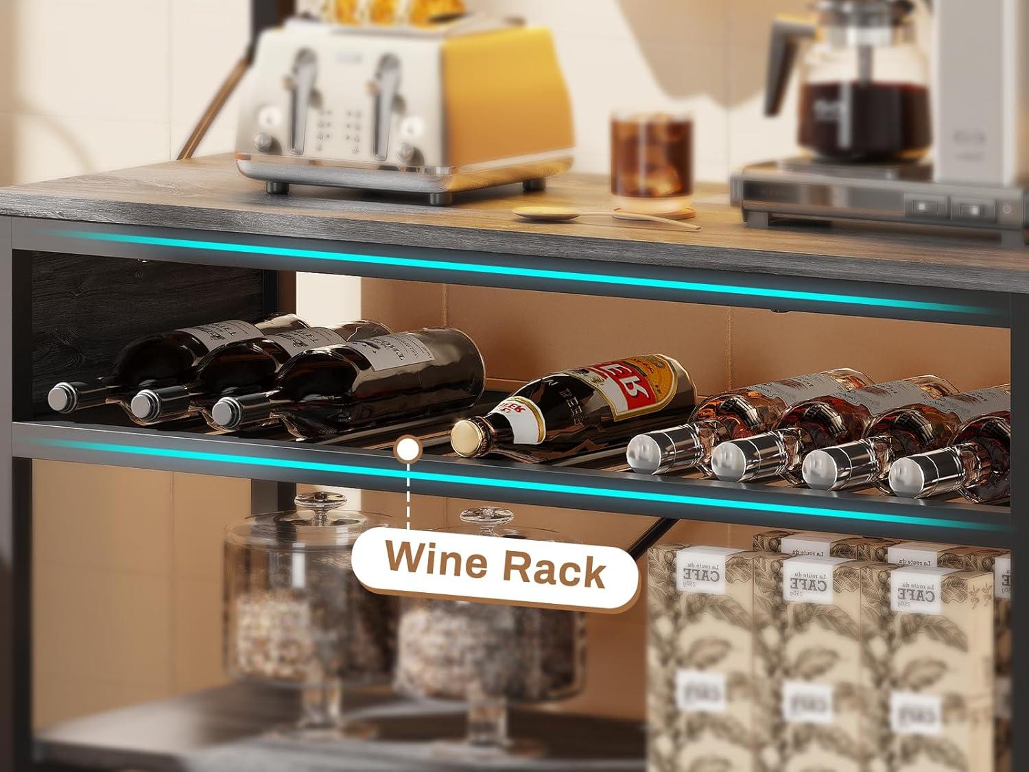 Bakers Rack with Power Outlet, 6-Tier Coffee Bar, Microwave Stand with Wine Rack, LED Lights and 10 Hooks, Bakers Racks for Kitchens with Storage, Grey