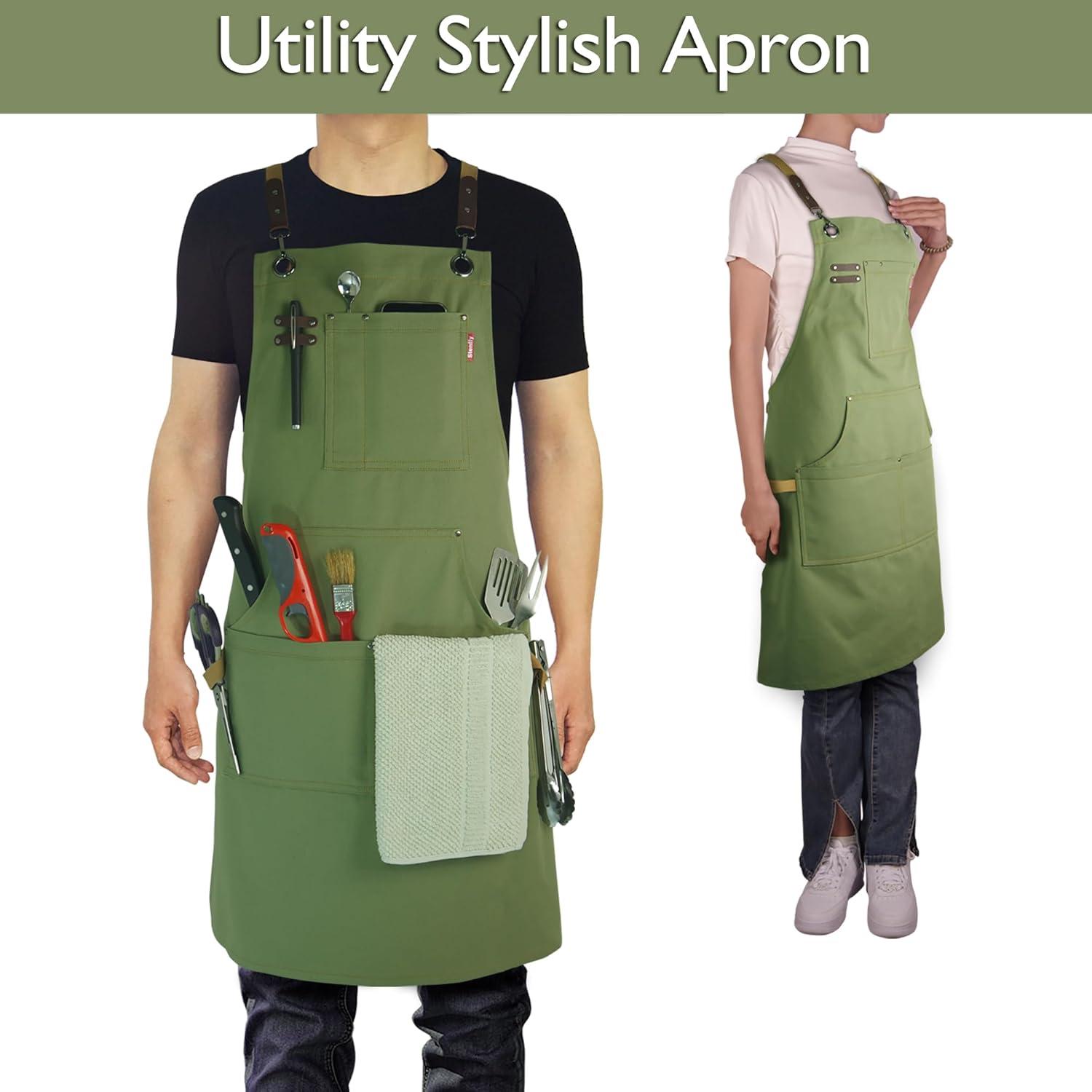 Work Apron for Chef, Barista, Horticulturist, Artist, Multiple Pockets, Adjustable, PlusSize, Olive