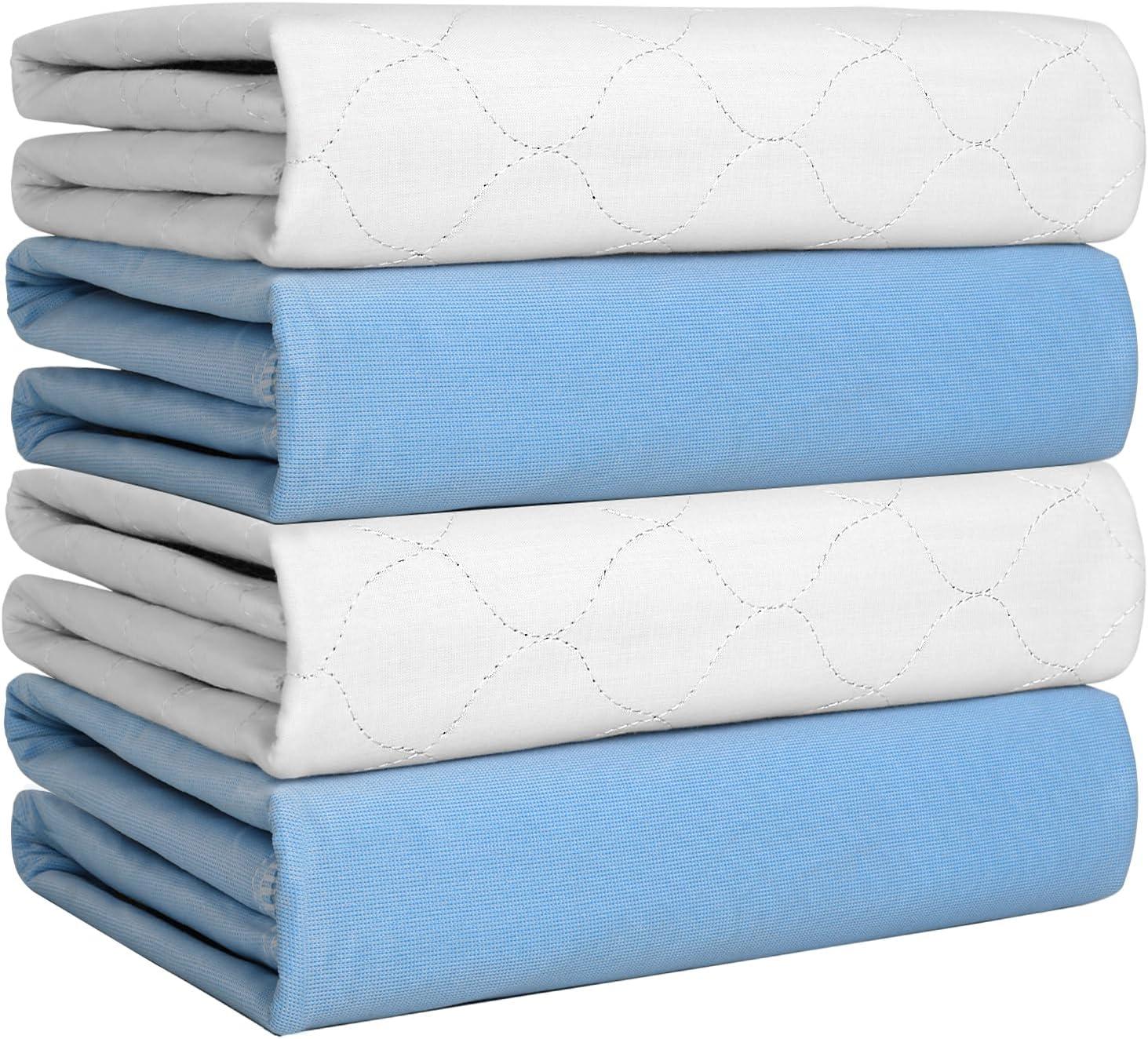 Heavy Absorbency White and Blue Washable Bed Pads, 34"x36" (4 Pack)