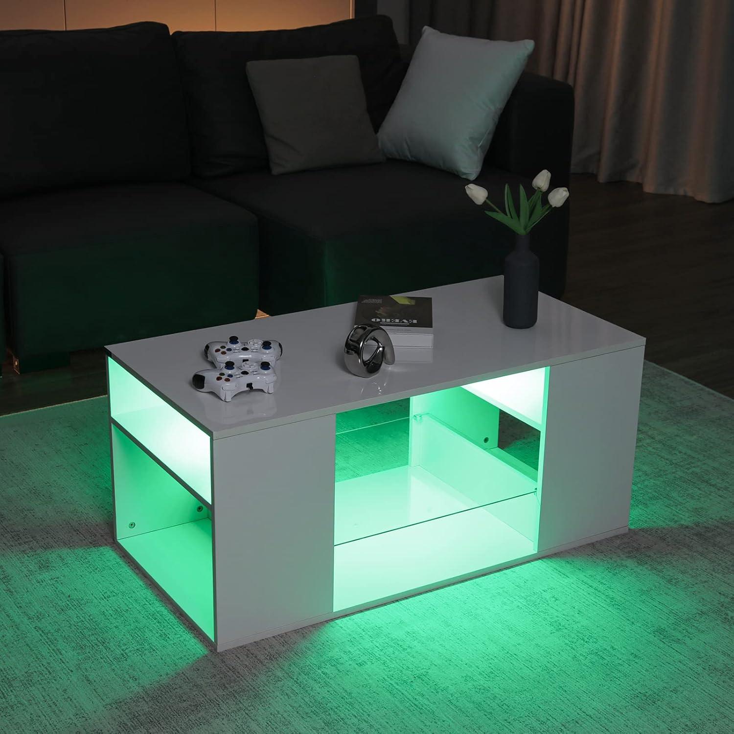 Hommpa White Coffee Table LED Coffee Table with Storage Modern Living Room Table Glass Open Shelves Rectangle Cocktail Center Tables High Gloss