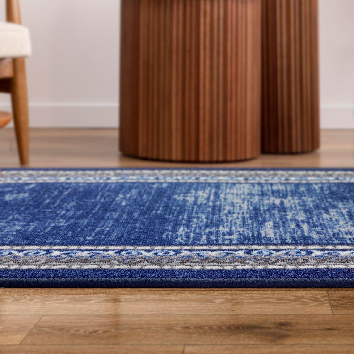 Antep Rugs Alfombras Bordered Modern 2x7 Non-Slip (Non-Skid) Low Pile Rubber Backing Indoor Area Runner Rug (Navy, 2' x 7')