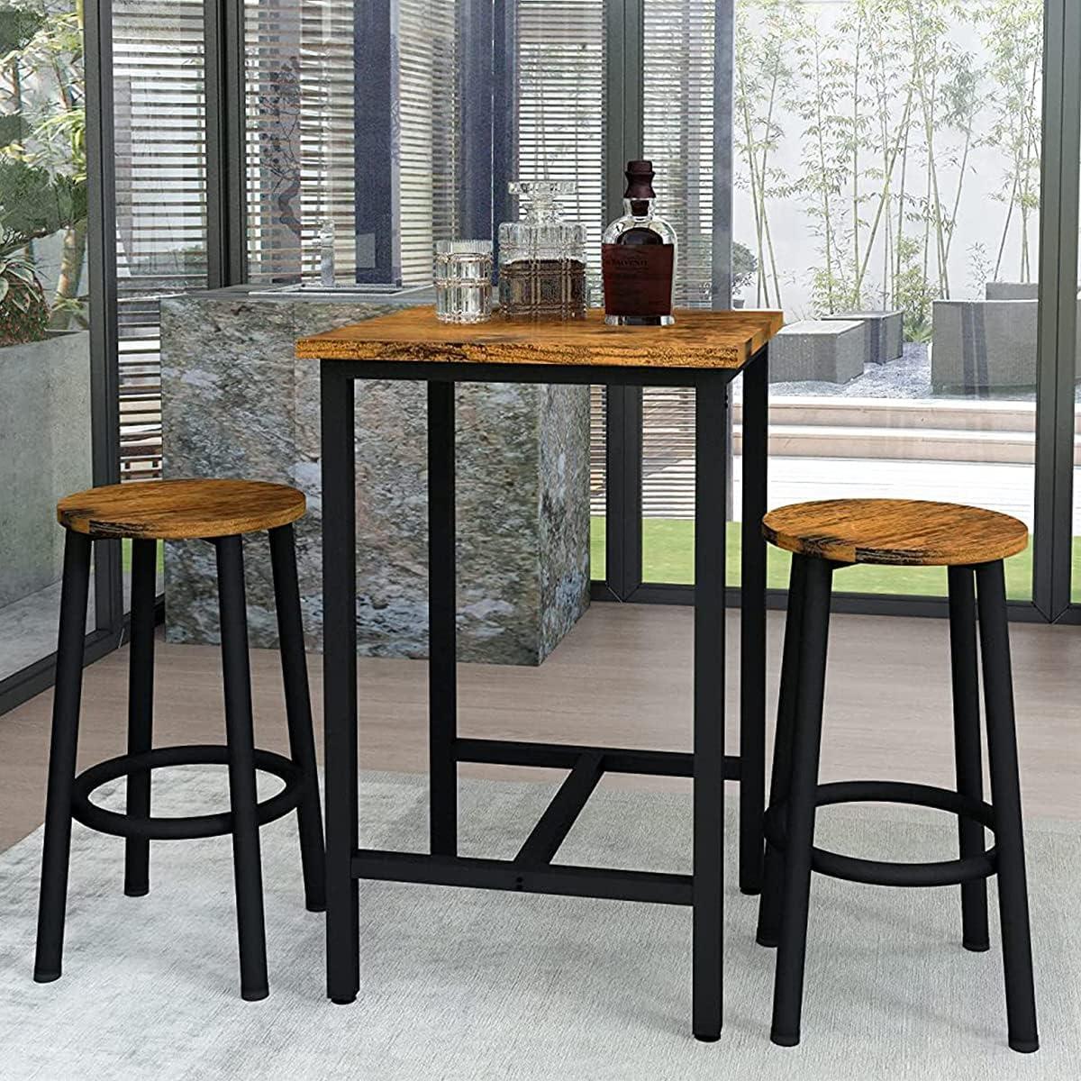 Rustic Brown Square Pub Table Set with Metal Frame and 2 Stools