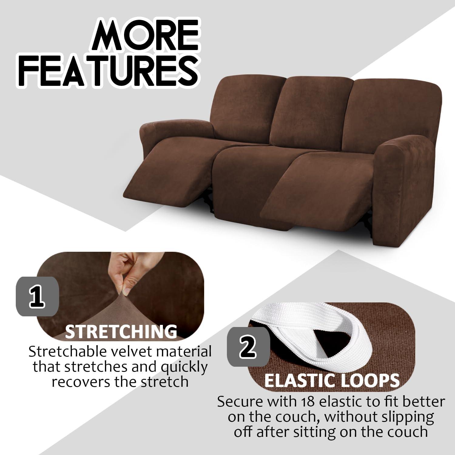 ULTICOR Velvet 8-Pieces Recliner Sofa Covers Stretch Reclining Couch Covers for 3 Cushion Reclining Sofa Slipcovers Furniture Covers Thick Soft Washable (3 Seater Recliner Cover, Chocolate) 3 Seater Recliner Cover Chocolate
