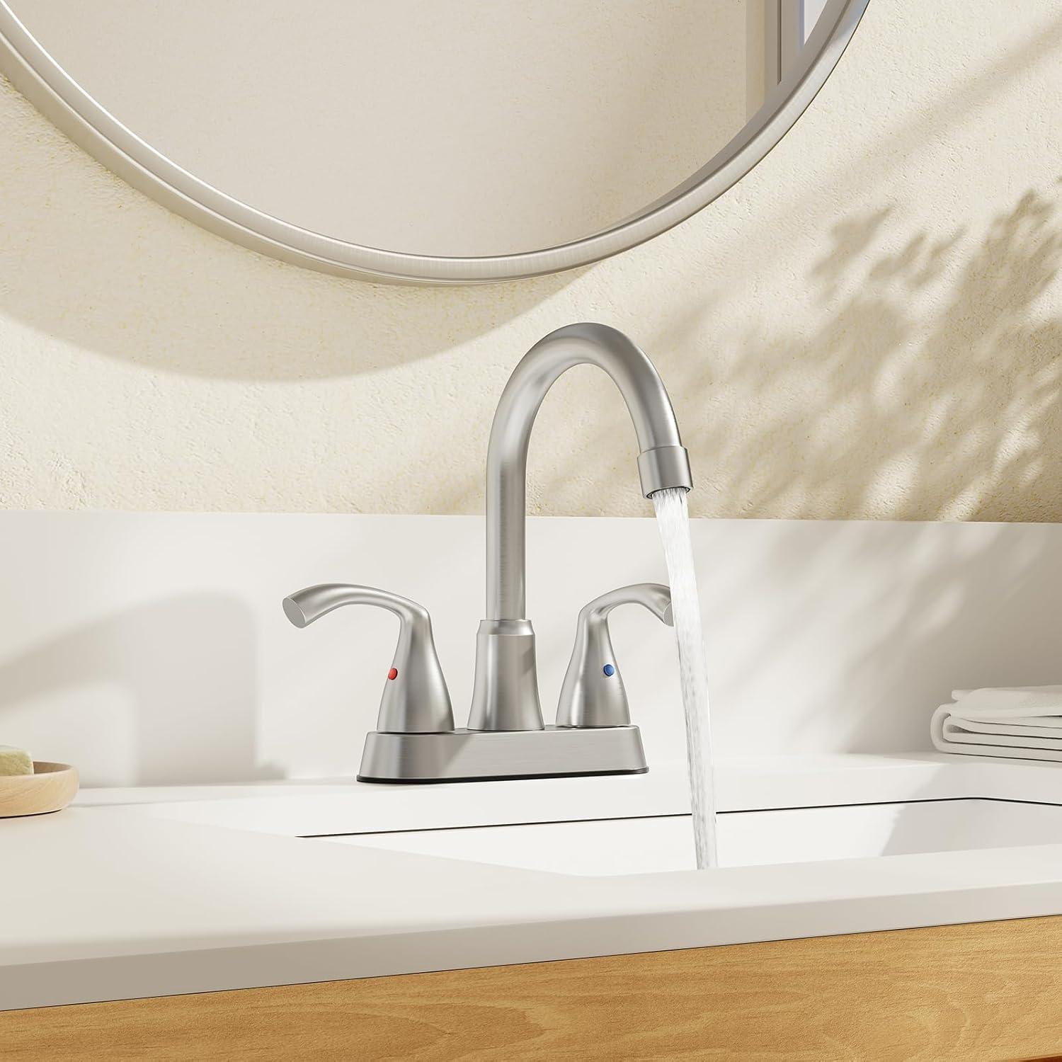 Phiestina Centerset 4 Inch 2 or 3 Holes Brushed Nickel Bathroom Faucet, Vanity Sink Faucet with 360 Swivel Spout, Metal Pop-up Drain and Water Supply Lines, JC180-BN