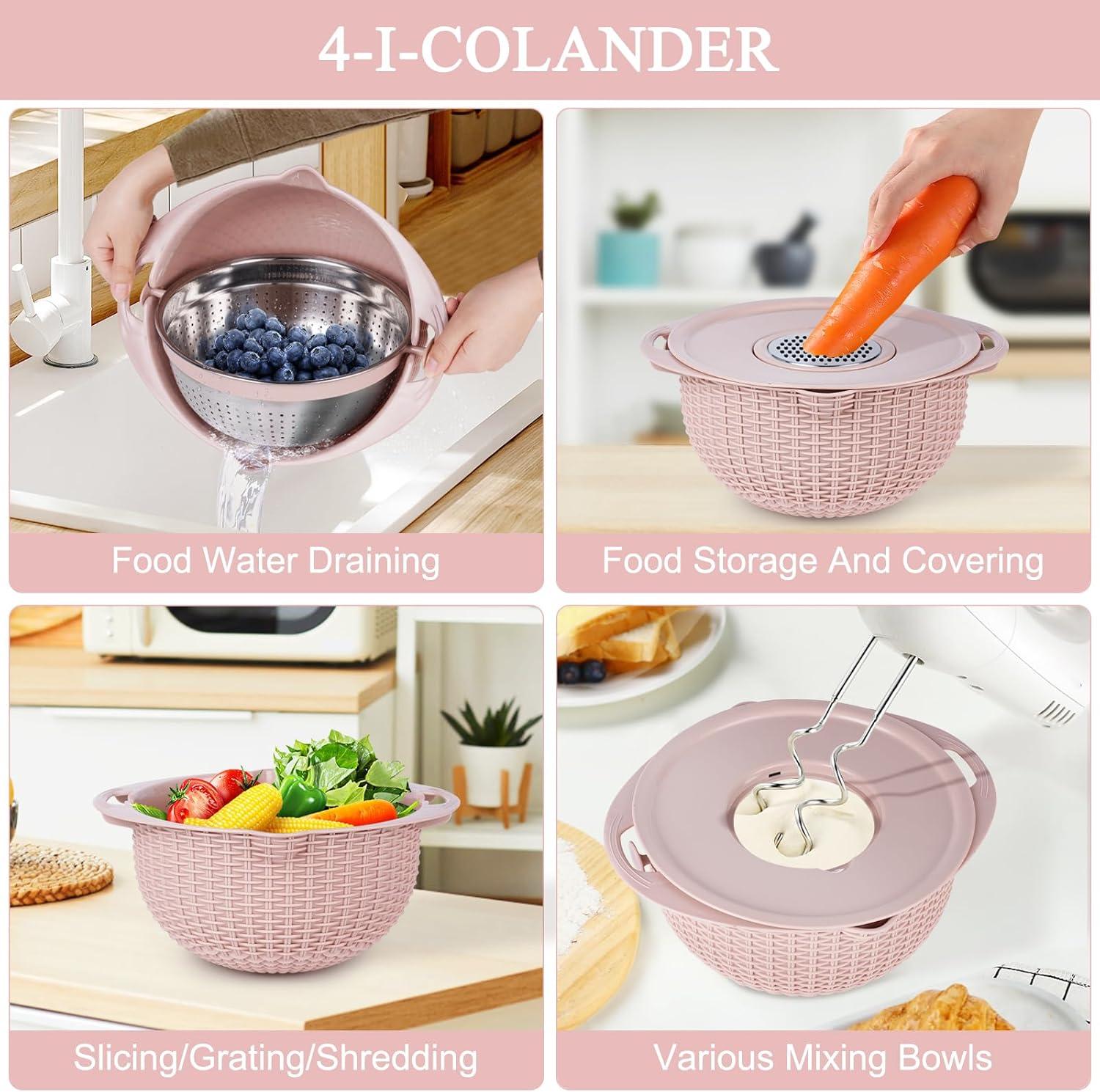 Pink 4-in-1 Stainless Steel Colander with Plastic Mixing Bowl Set