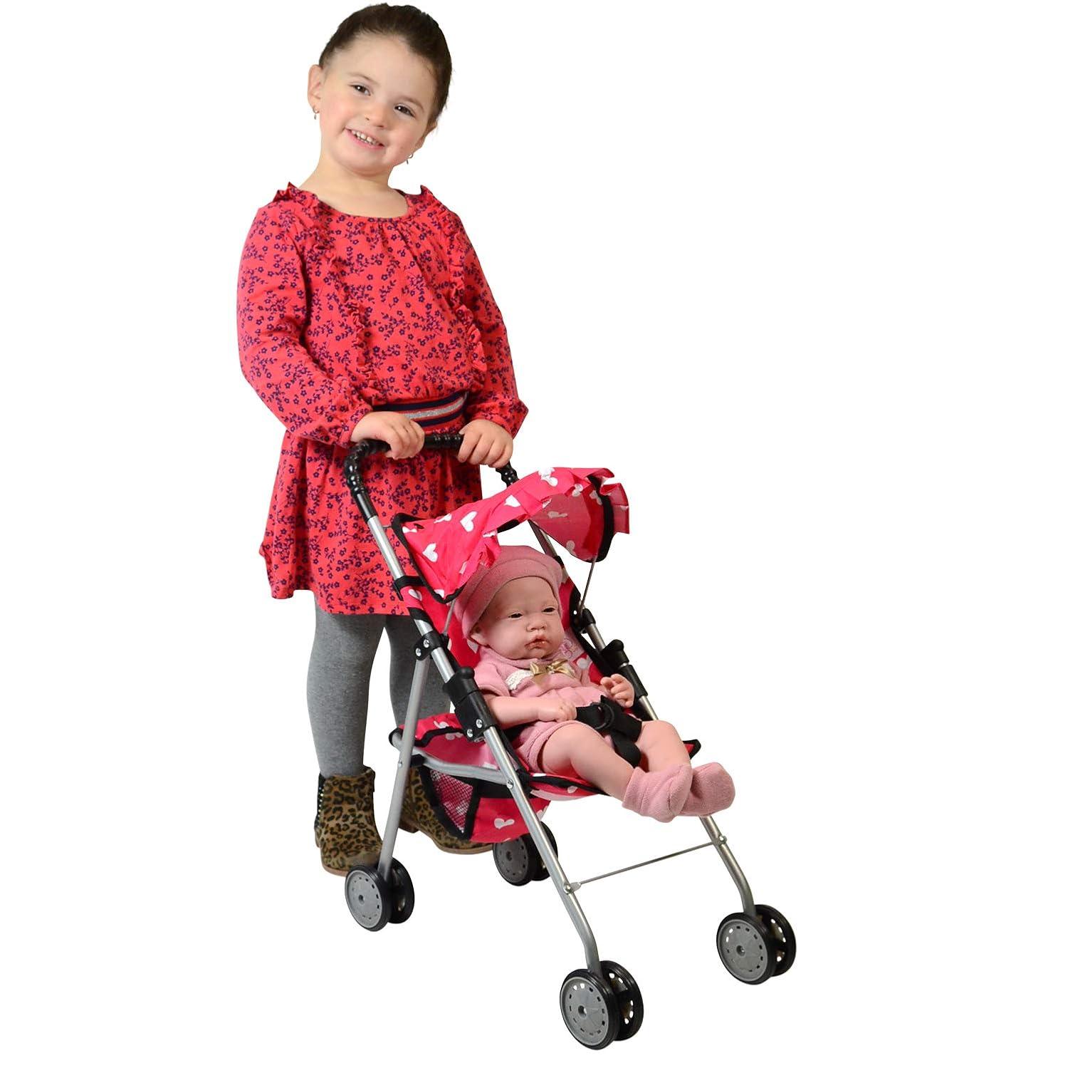 The New York Doll Collection Baby Doll Stroller - My First Toy Stroller for Kids Age 1+ Pink Heart Design