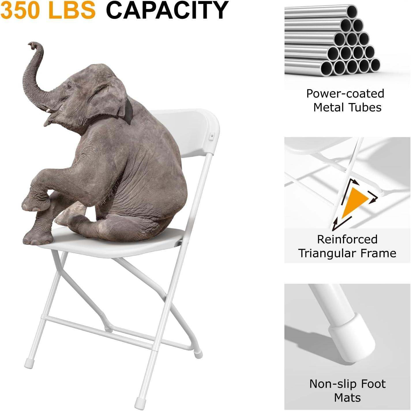 White Folding Chair, Plastic Folding Chairs 10 Pack for Outside, Indoor Outdoor Chairs with Steel Frame, Foldable Chair for Wedding Camping Dining Renting in Patio Lawn, 350LBS Capacity