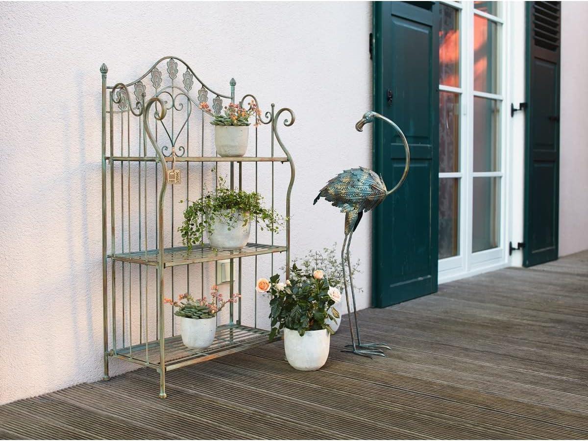 Pre-Assembled Folding Metal Shelf | Plant Stand | Shelving Unit | Bookcase | Outdoor Baker's Rack with Scrolling Heart & Peacock Tail Motif