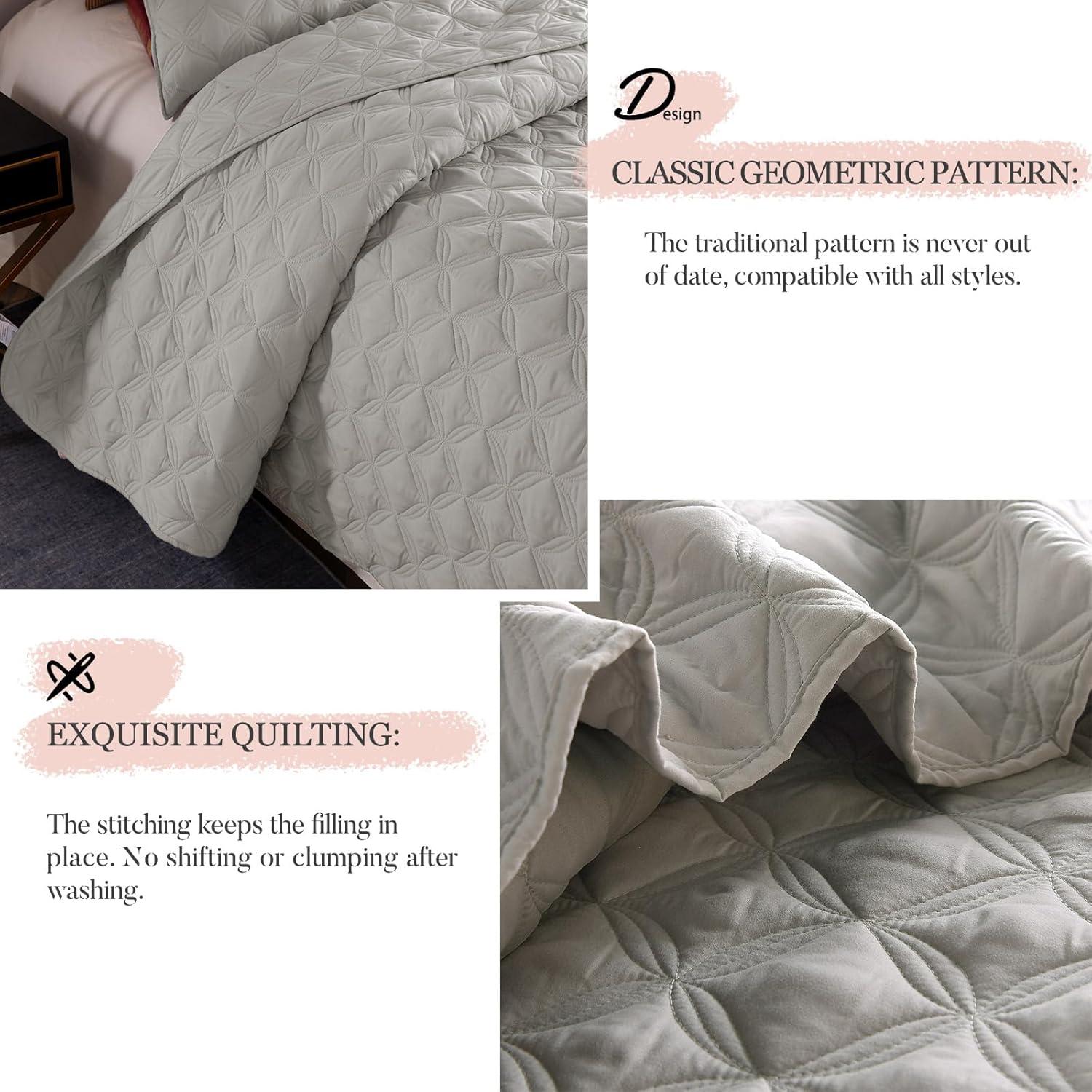 Exclusivo Mezcla Queen Quilt Bedding Set, Lightweight Soft Light Grey Queen Bedspreads Coverlets with Geometric Stitched Pattern