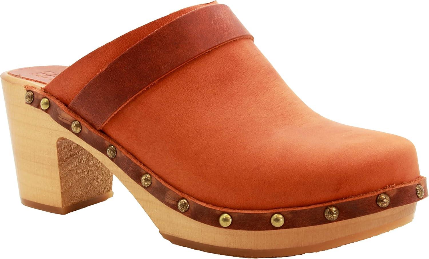 Terracotta Genuine Leather Mid-Heel Clogs with Wood Outsole