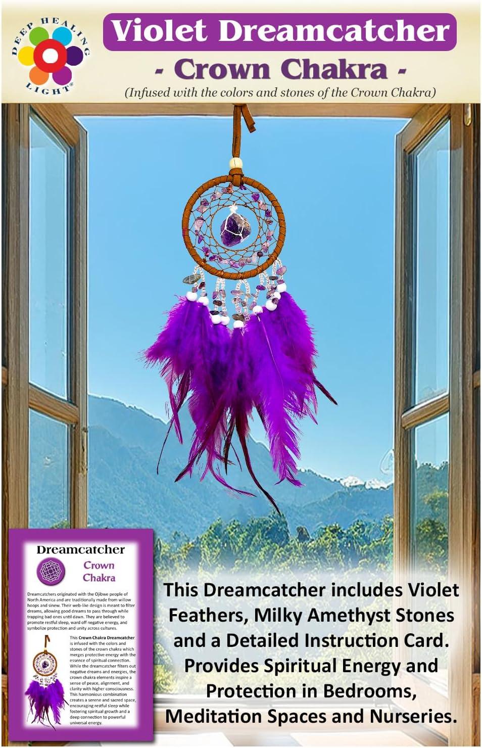 Violet Dreamcatcher for Crown Chakra Healing. Uses Violet Feathers and Milky Amethyst Stones to Provide Protection and Spiritual Connection in Bedrooms, Meditation Spaces - Dream Catchers with Color