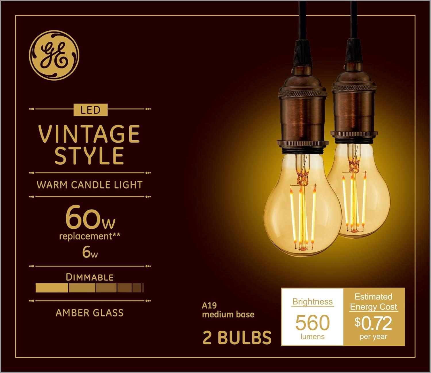 GE Vintage Style Amber Glass LED Light Bulbs, Warm Dimmable Light, 60W Equivalent, 2 Pack