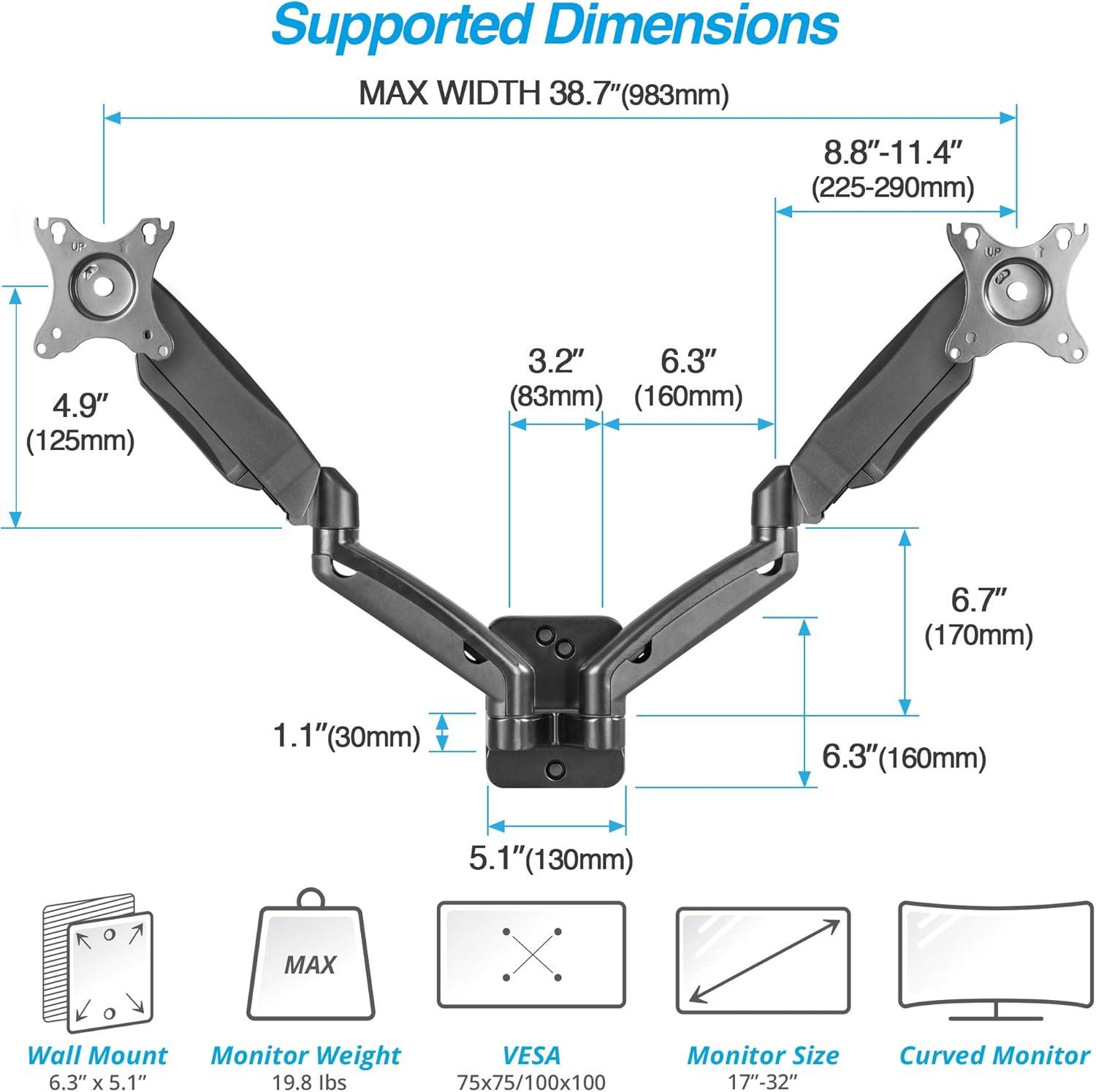 AVLT Dual 17"-32" Monitor Wall Mount - Fits Two 19.8 lbs Flat/Curved Monitors - Full Motion Height Swivel Tilt Rotation Adjustable Arm - VESA/Cable Management