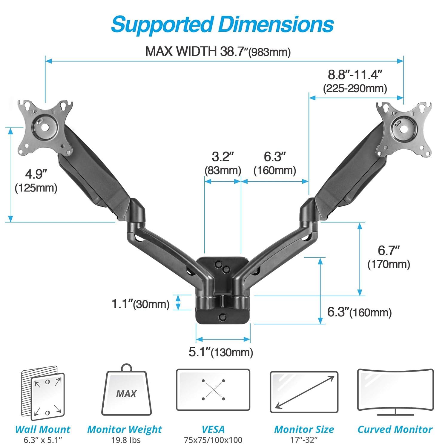 AVLT Dual 17"-32" Monitor Wall Mount - Fits Two 19.8 lbs Flat/Curved Monitors - Full Motion Height Swivel Tilt Rotation Adjustable Arm - VESA/Cable Management
