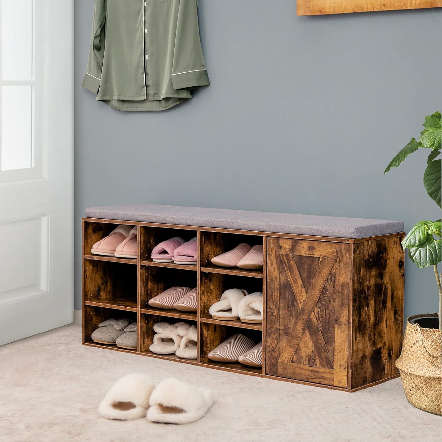 Rustic Brown 9-Cube Shoe Storage Bench with Padded Cushion