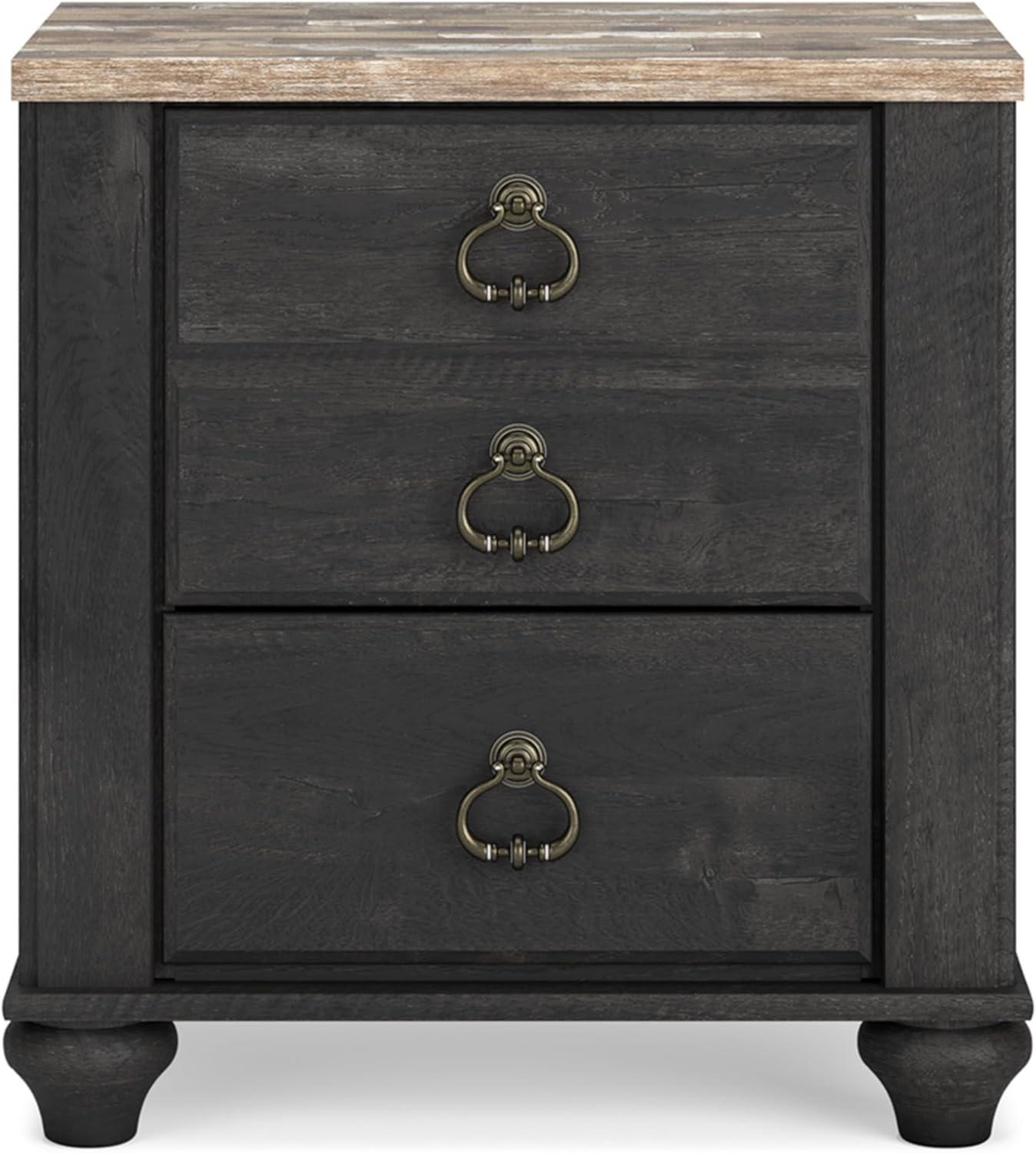 Beige and Black 2-Drawer Nightstand with USB Ports