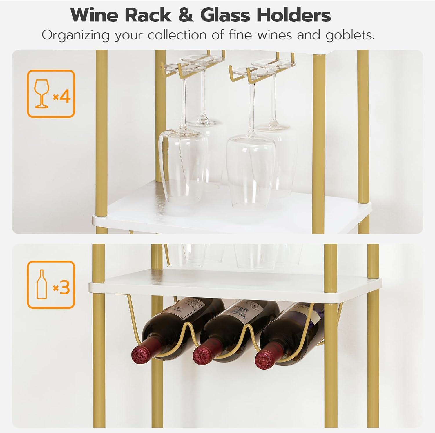 Gold and White 3-Tier Metal Bar Cart with Wine Rack