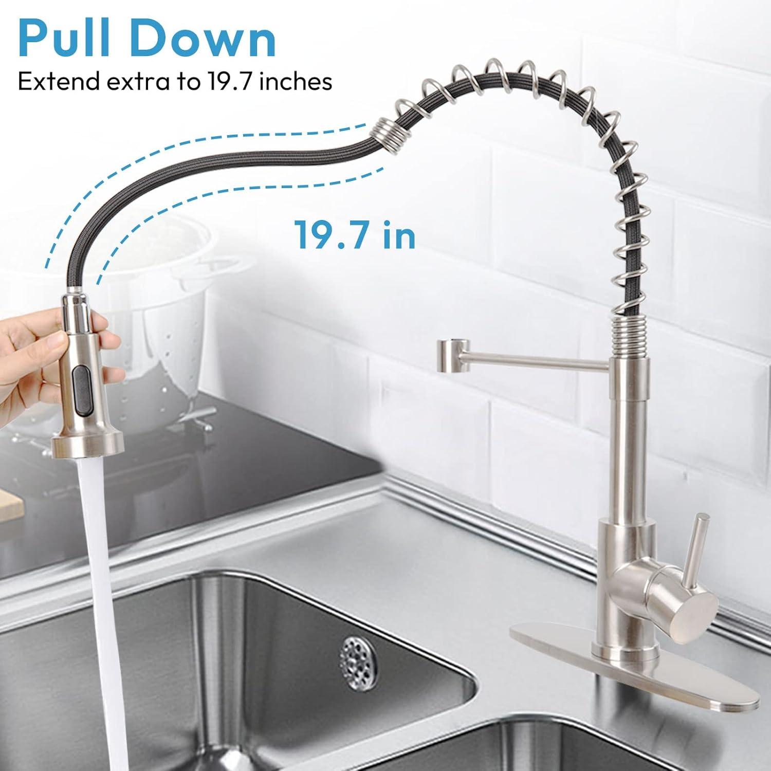 Besdor Kitchen Faucet with Pull Down Sprayer, Spring Single Handle Faucet for Kitchen Sink, Two Function Sprayer, 360-degree Rotation, with Deck Plate, 304 Food Grade Stainless Steel, Brushed Nickel