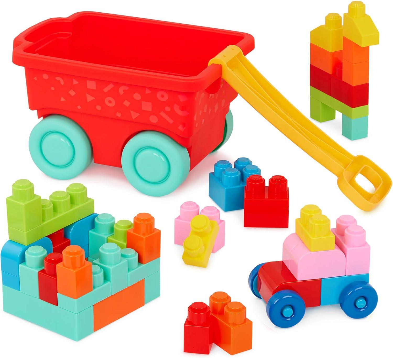 Battat Red Builder’s Wagon with 40+ Building Plastic Blocks, Toddler and Preschool Toys