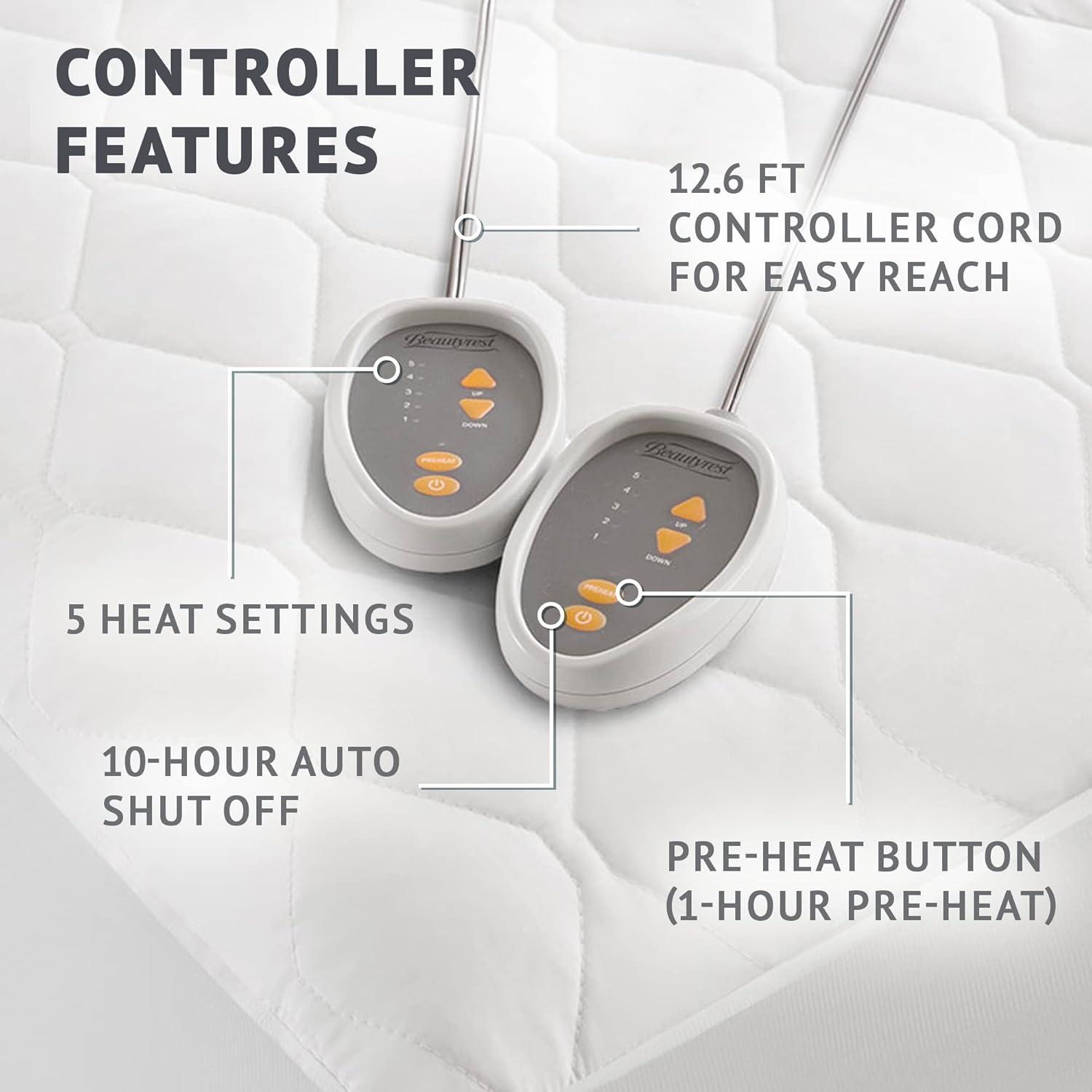 Cotton Blend Heated Mattress Pad (Queen) White - Beautyrest: 5 Heat Settings, Machine Washable, Fits 18" Mattress