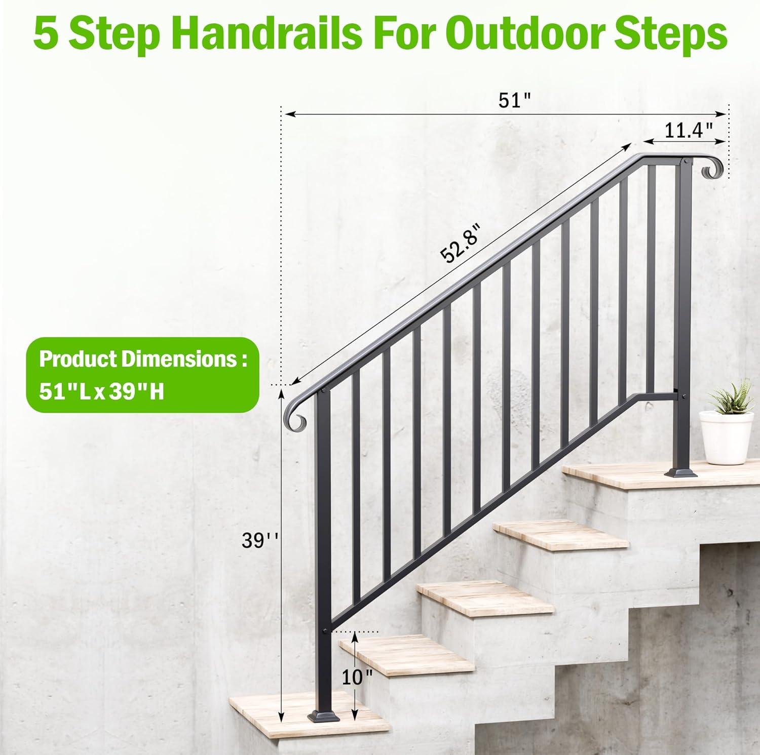 2 Pack 5 Step Handrails for Outdoor Steps, Wrought Iron Stair Railing Fits 4 or 5 Steps, Metal Hand Rail with Installation Kit, Staircase Handrails for Concrete, Porch, Deck, Exterior Steps, Black