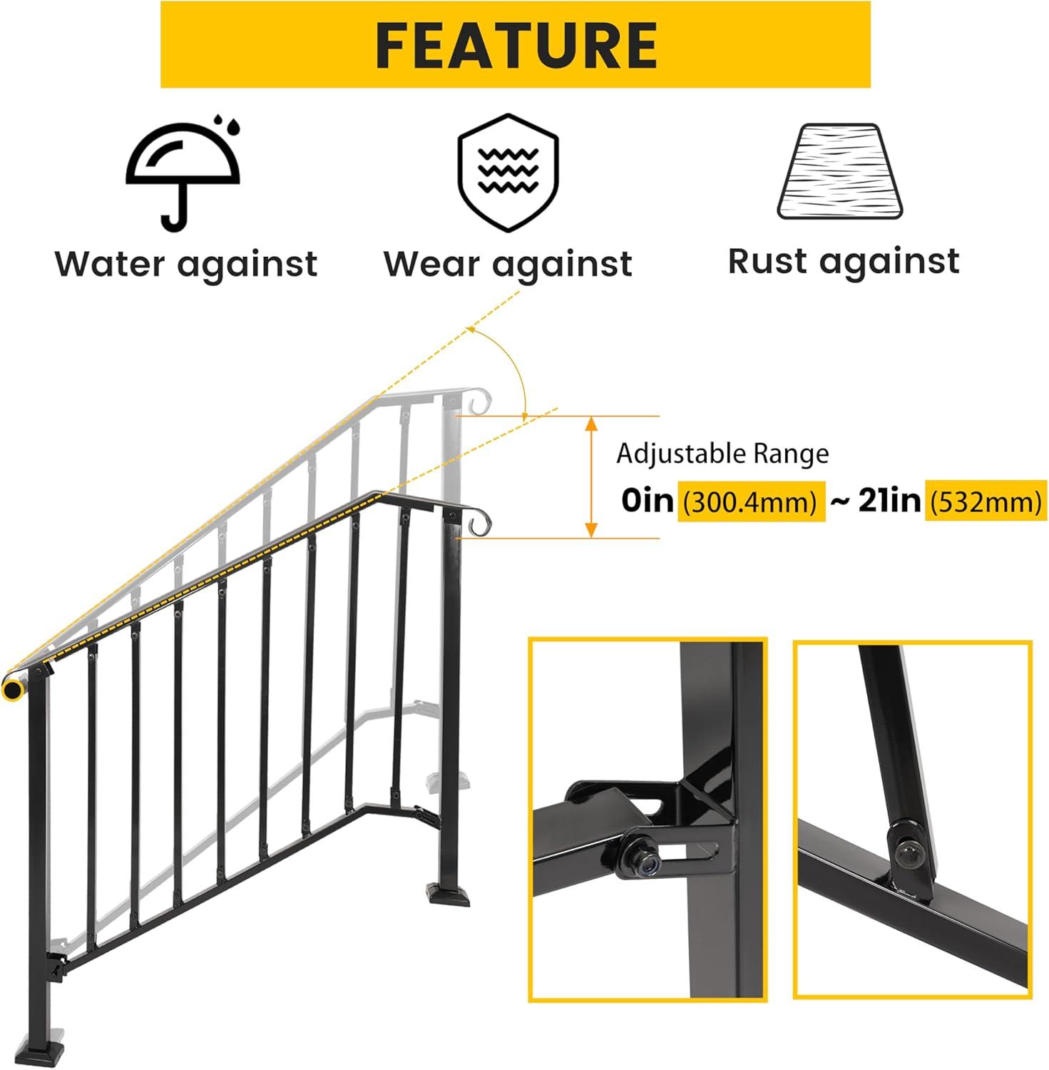 KUAFU 4-5 Step Hand Rail, Handrails for Outdoor Steps, 4-5 Steps Adjustable Outdoor Garden Railing for Stairs Black Steel Powder Coated Heavy Duty