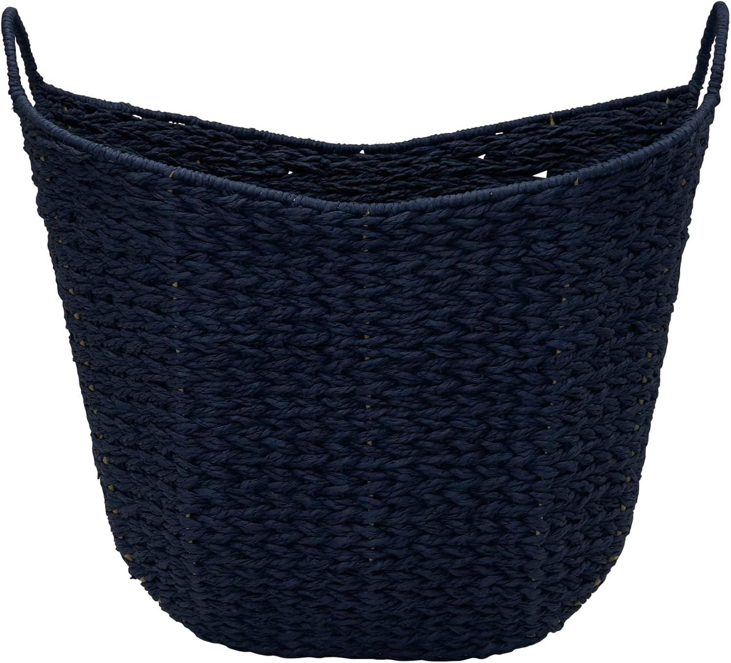 Dark Blue Handwoven Paper Rope Storage Basket with Handles