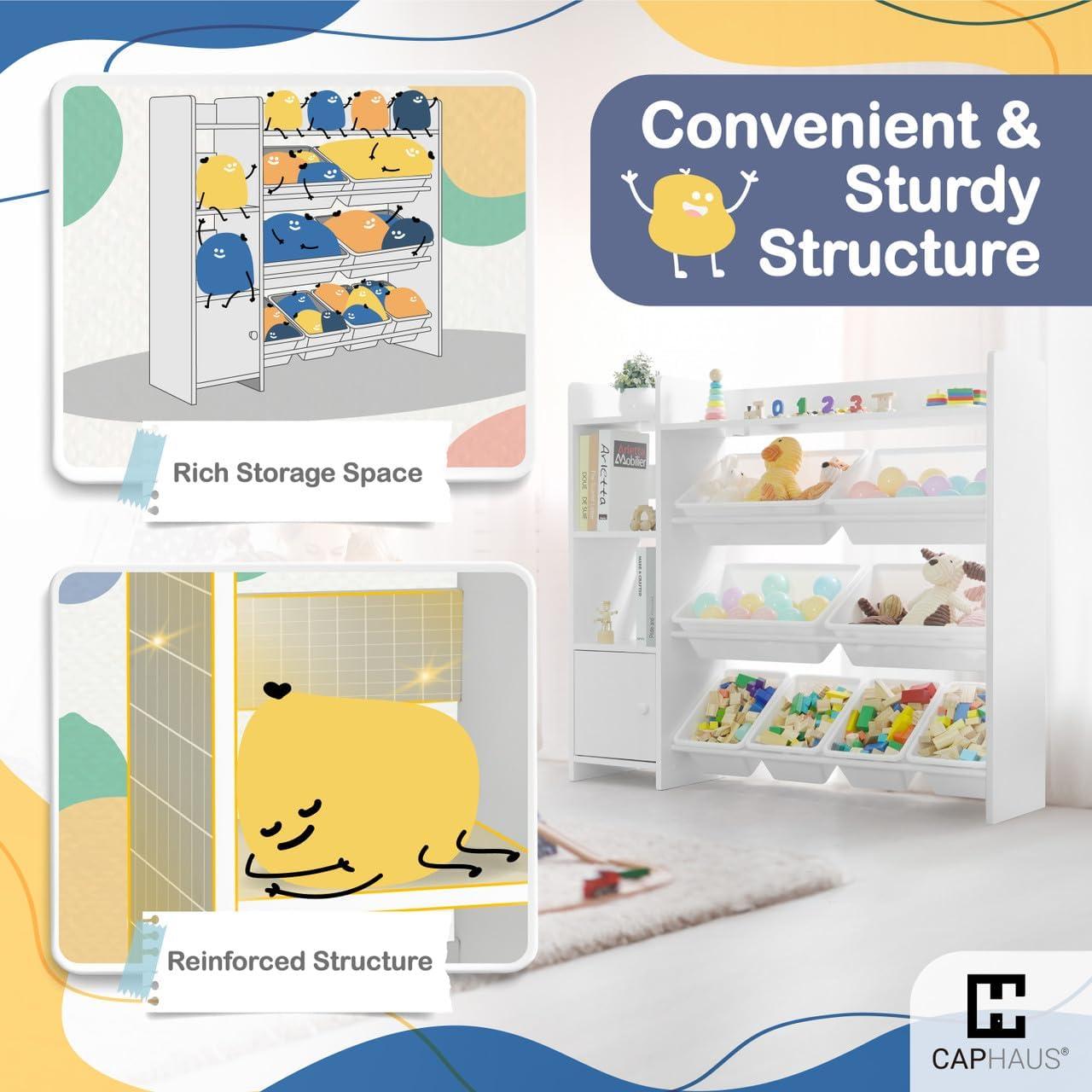 Sturdis Toy Storage Organizer with Bookshelf, Kids Playroom Organization Shelving Unit with Removable Colorful Storage Bins & Anti-Tip Bracket, White