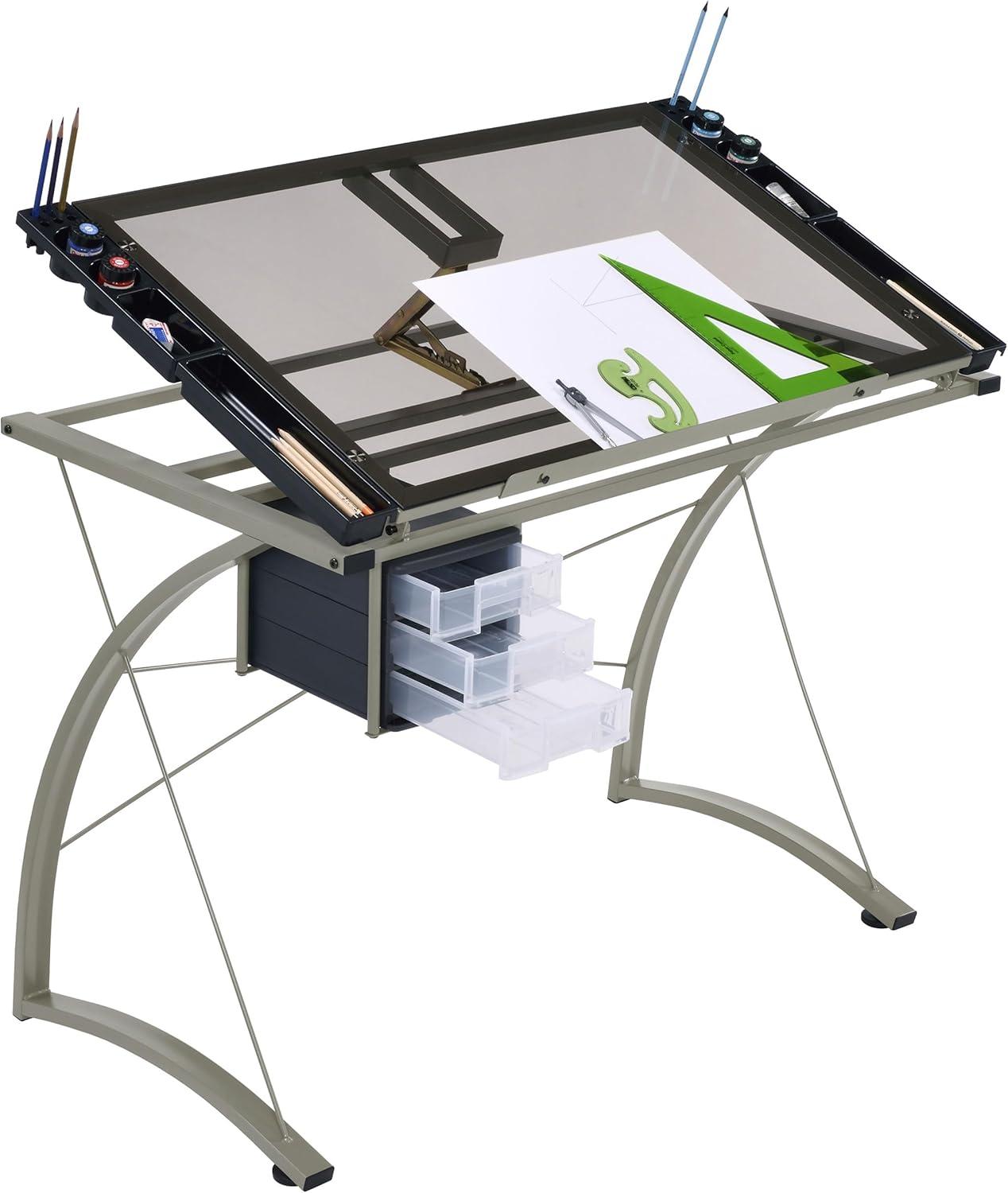 Melo 3 Drawer Glass Top Drafting Desk with Supply Storage Silver - Coaster