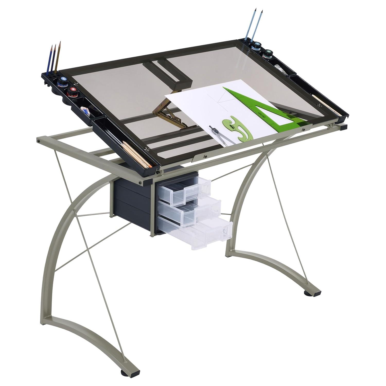 Melo 3 Drawer Glass Top Drafting Desk with Supply Storage Silver - Coaster