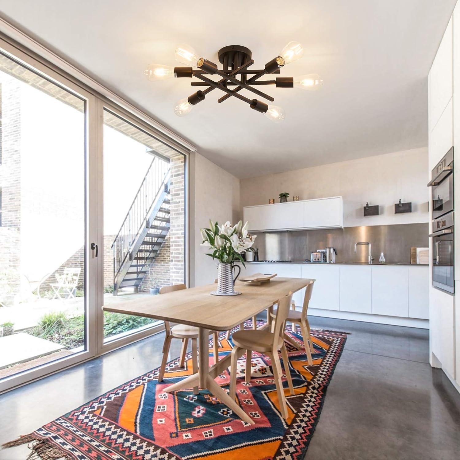 Semi Flush Mount Modern Ceiling Light Fixture， 6 Lights Black Vintage Matte Sputnik Chandelier Ceiling Lamp with E26 Bulb Base [Bulbs Not Included]