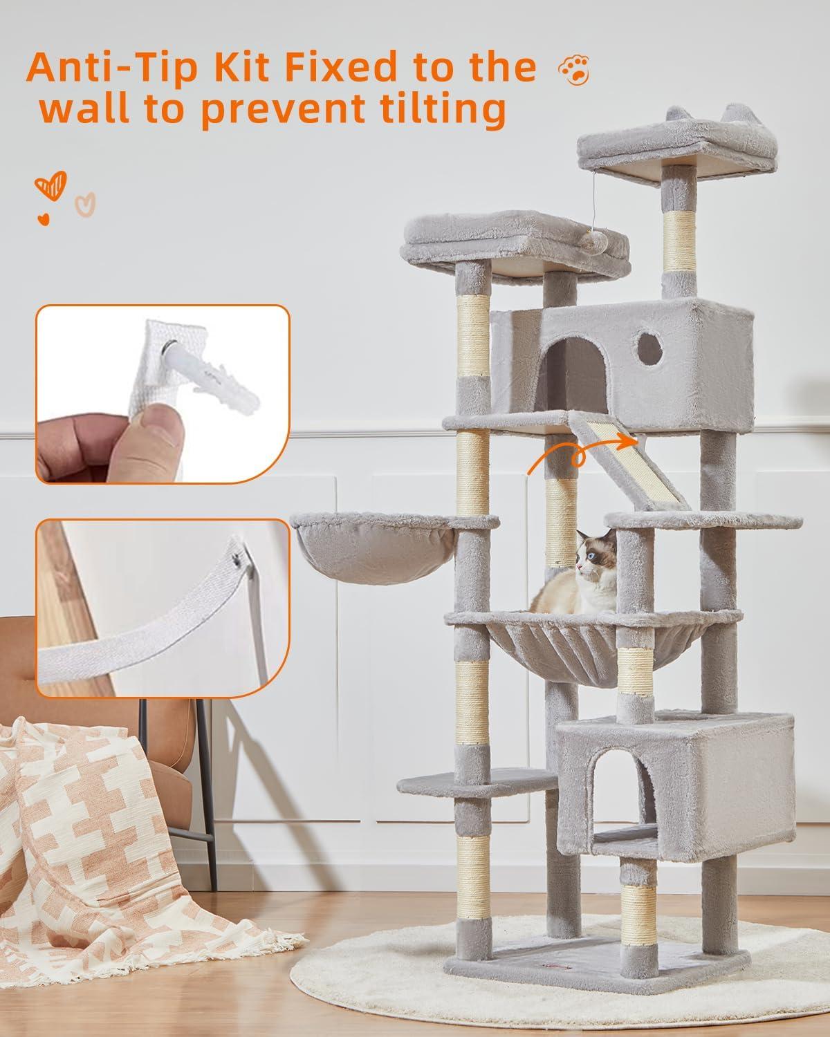 Light Gray 71-Inch Multi-Level Cat Tree with Sisal Posts