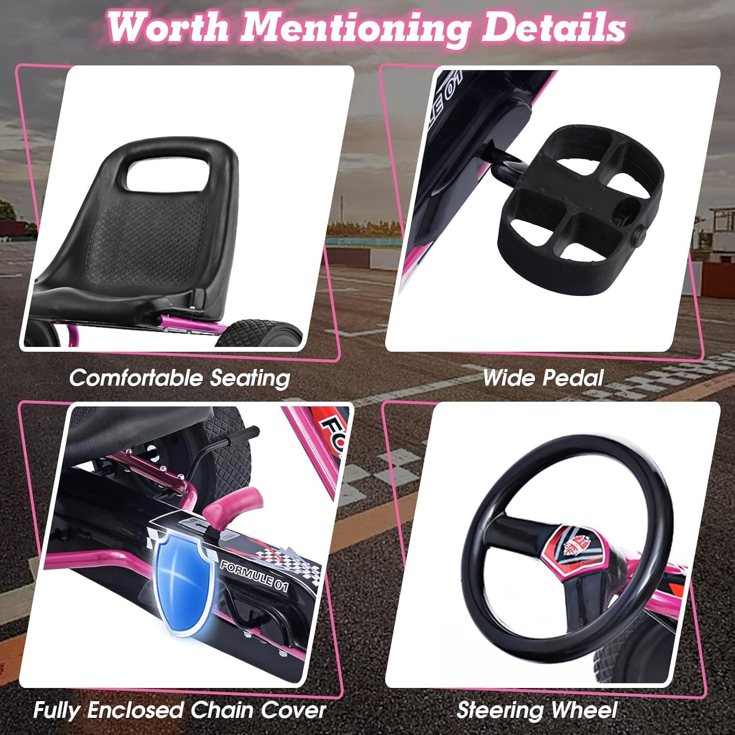 Costway Go Kart 4 Wheel Pedal Powered Kids Ride On Toy with Adjustable Seat Pink