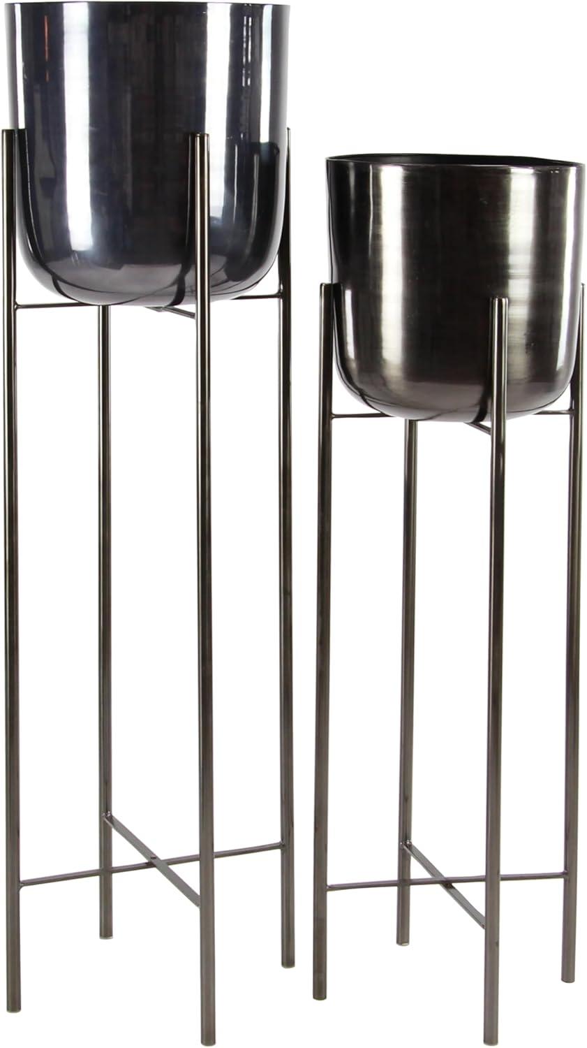 CosmoLiving by Cosmopolitan 2 - Piece Silver Metal Tall Indoor Outdoor Dome Indoor Outdoor Planter with Removable Stand Set