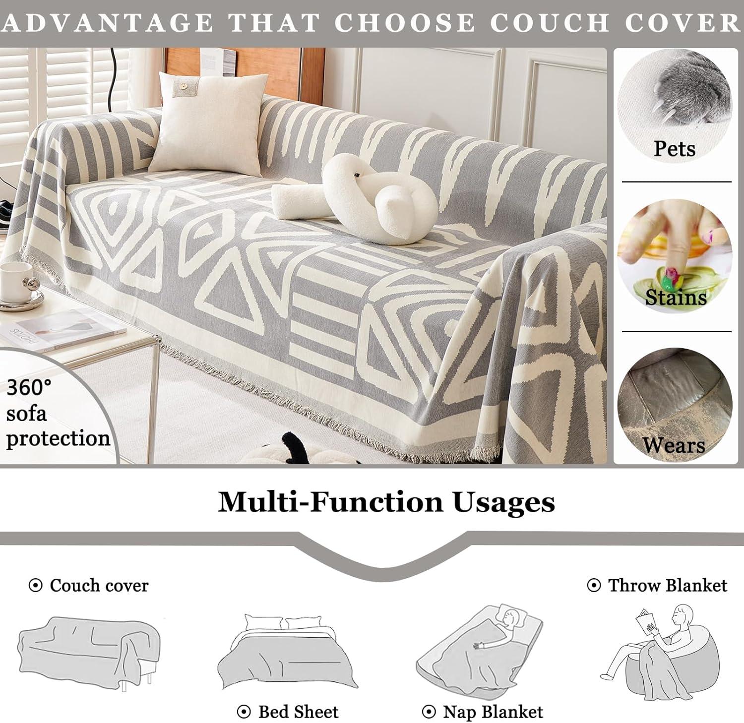 Water Resistant Boho Couch Cover, Soft Chenille Couch Cover for Dogs Washable, Couch Covers for 3 Cushion Couch Sofa Pet Friendly, Thick, Dirt Resistant (Gray, 71" x 118")