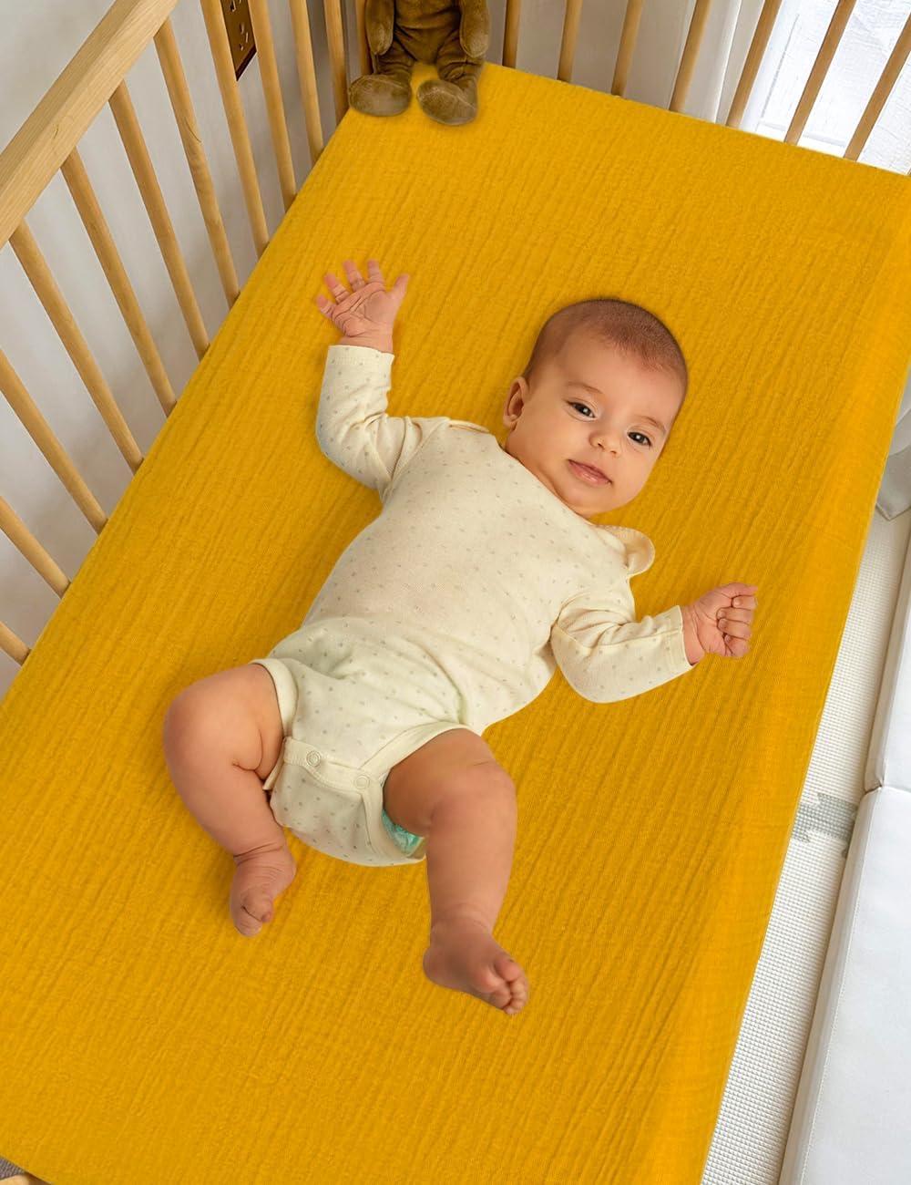 100% Cotton Baby Crib Sheet Neutral, Yellow Muslin Crib Sheets for Standard Crib Mattress, 28" x 52" Crib Sheet for Boy, Girl (46C-03)