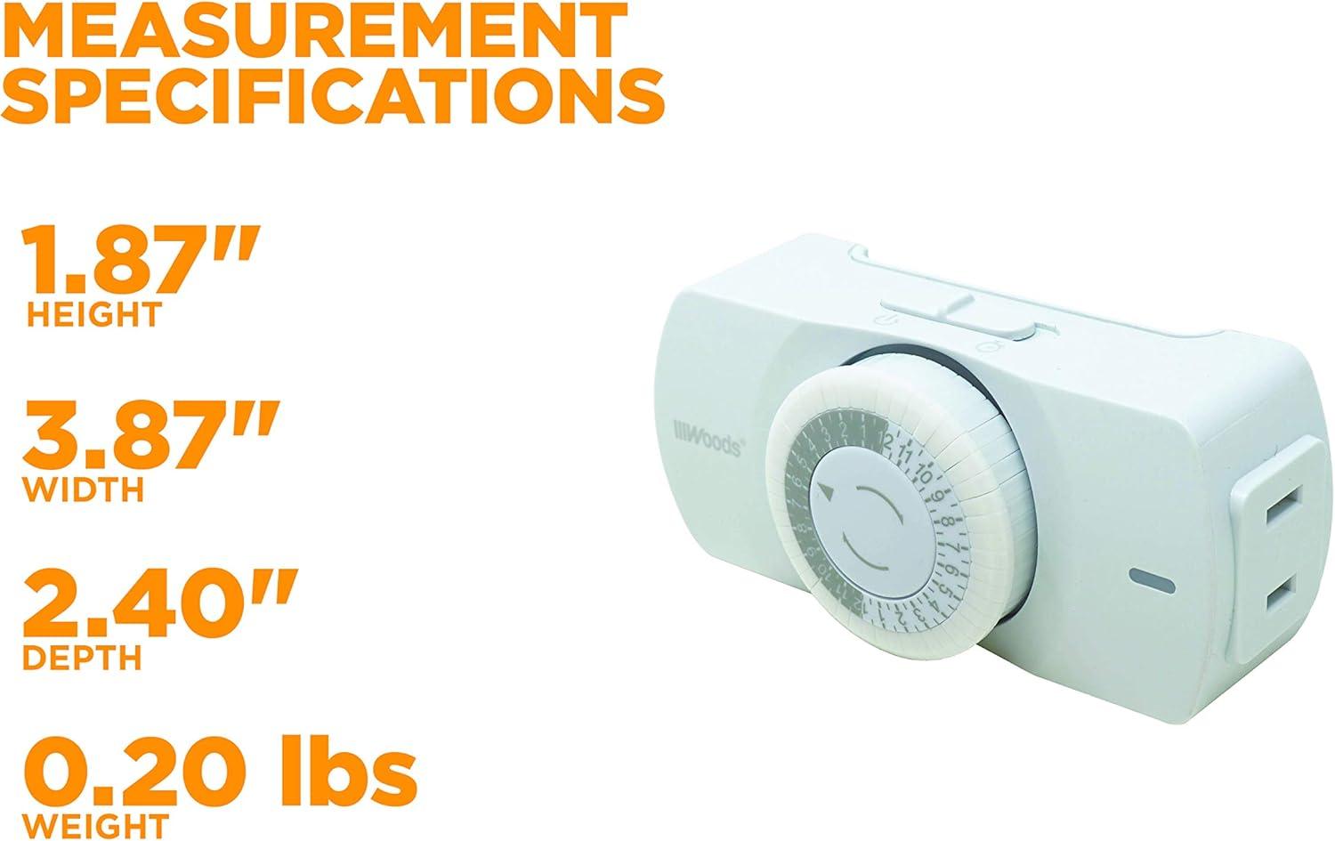 Woods 50101WD Easy-to-use Narrow Style Indoor 24-Hour Mechanical Timer, Single 2-prong (polarized) Outlet, White
