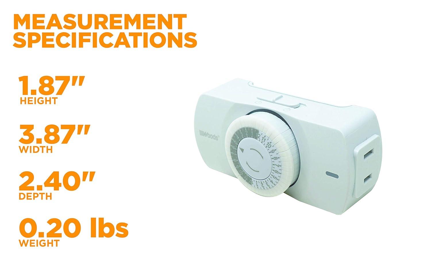 Woods 50101WD Easy-to-use Narrow Style Indoor 24-Hour Mechanical Timer, Single 2-prong (polarized) Outlet, White