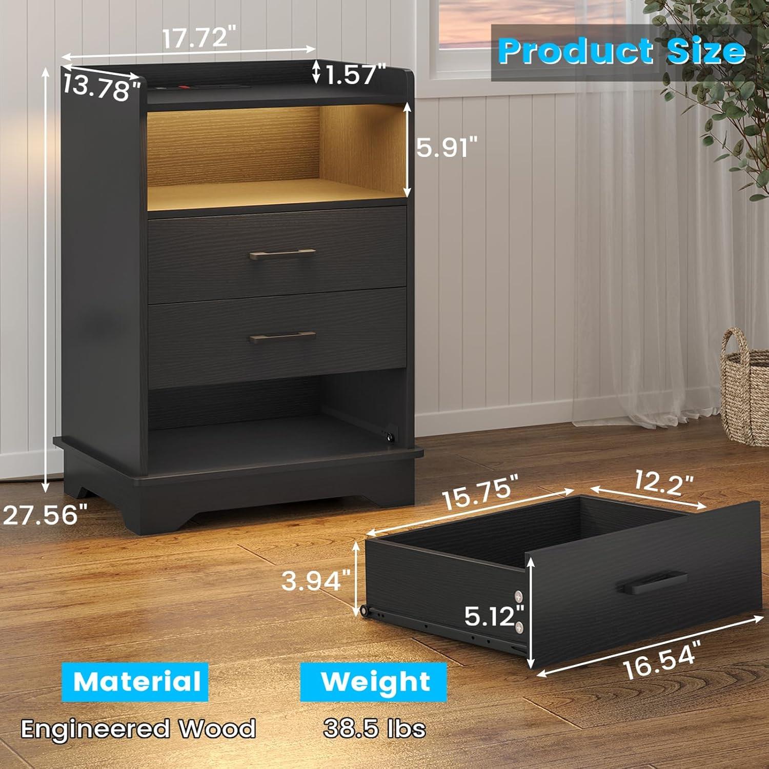 Afuhokles Black LED Nightstand with Charging Station, Night Stand 3 Drawers with Open Storage, Side Table with USB Ports and Outlets