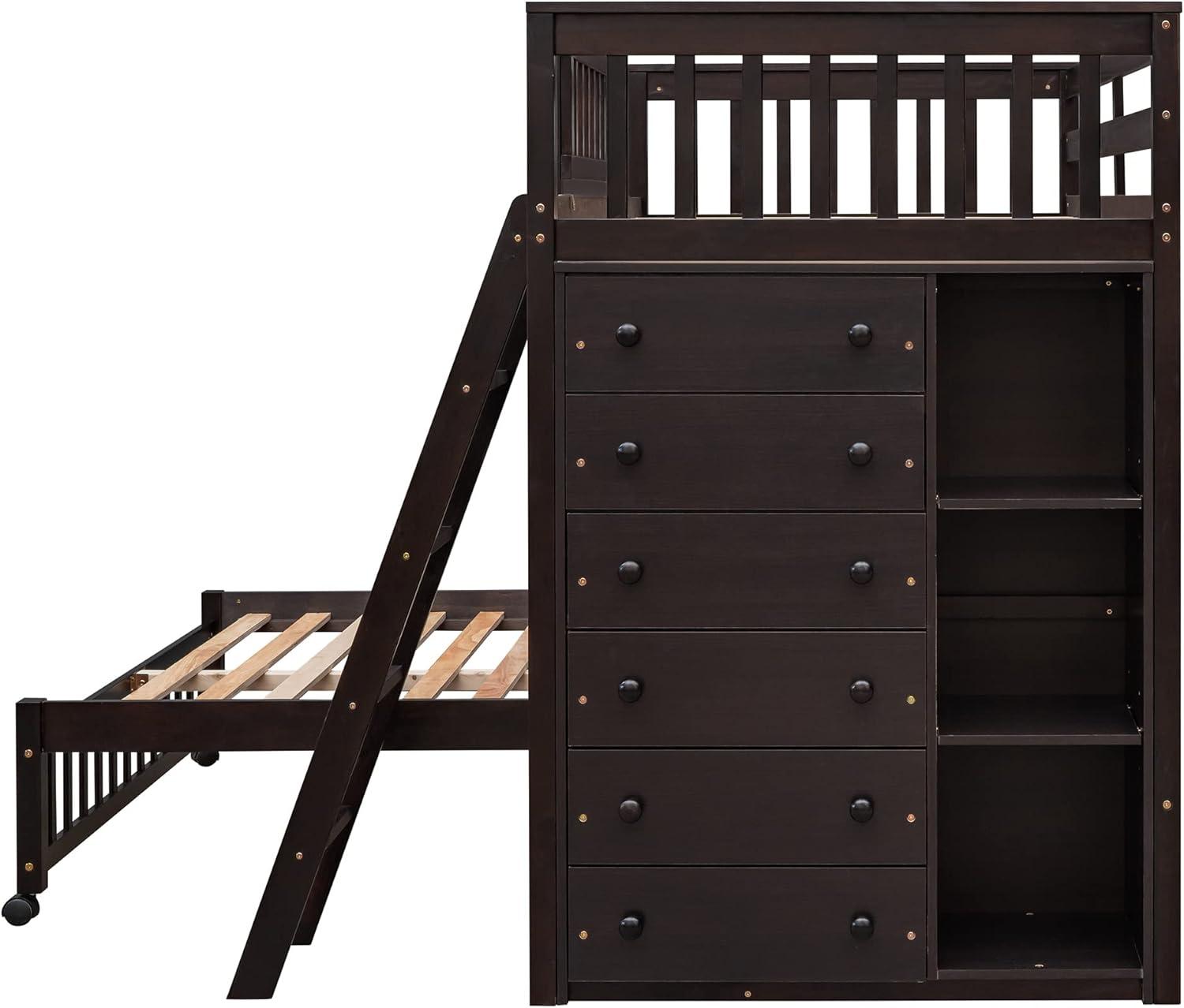 Twin Over Full Loft Bunk Bed with Storage 6 Drawers Chest and 3 Shelves Bookcase Wood Bunked Beds Frame for Kids Boys Girls Teens, Espresso