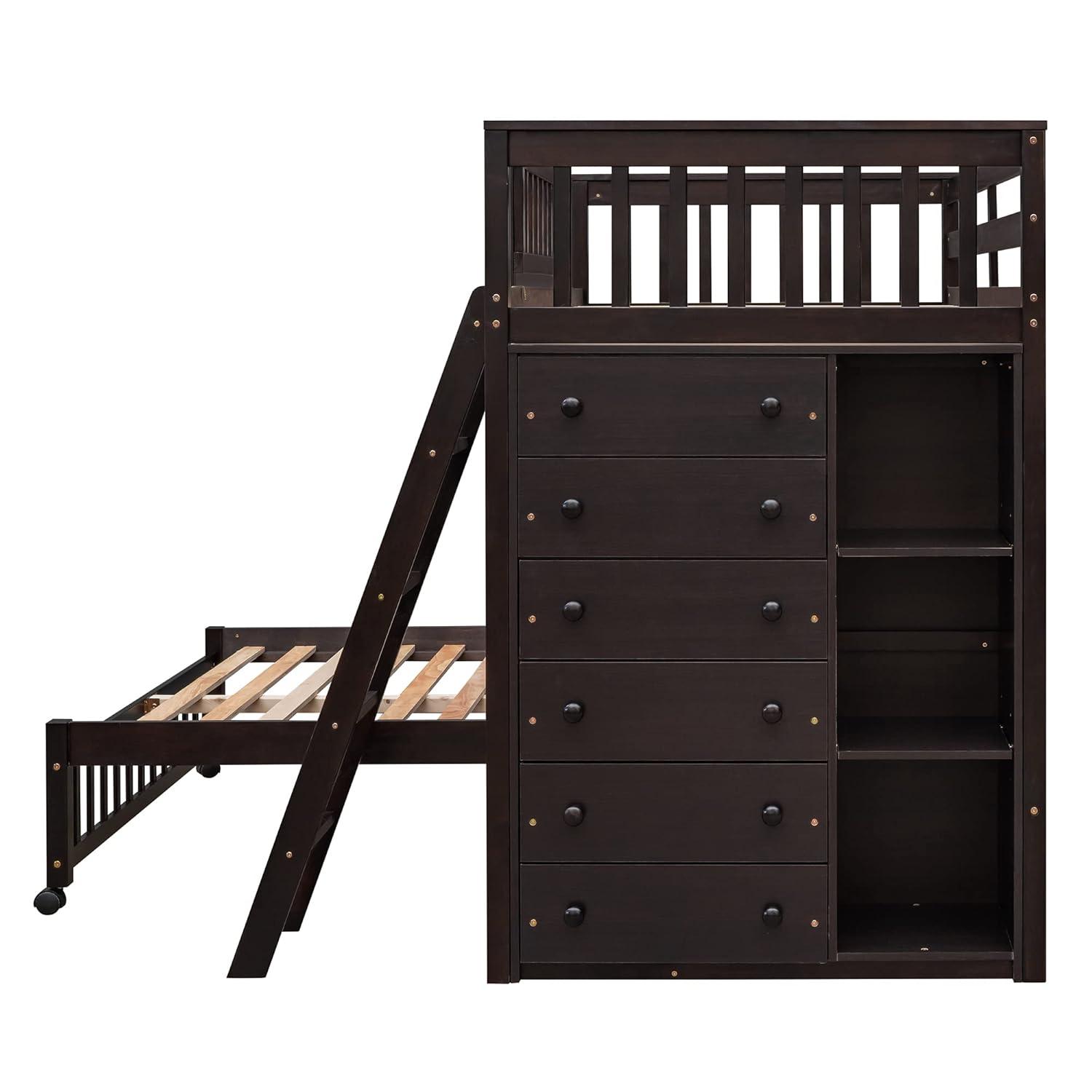 Twin Over Full Loft Bunk Bed with Storage 6 Drawers Chest and 3 Shelves Bookcase Wood Bunked Beds Frame for Kids Boys Girls Teens, Espresso