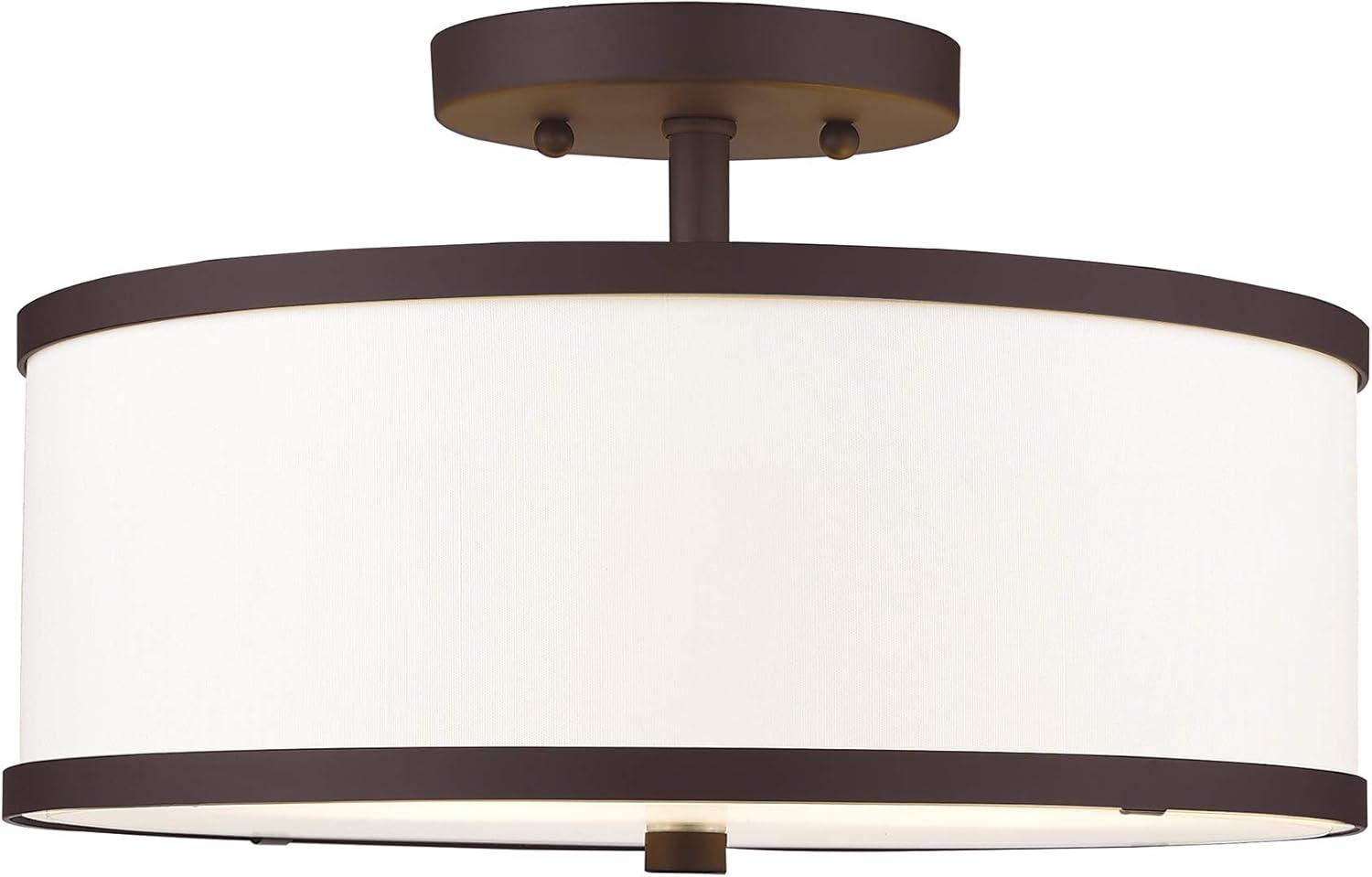 Bronze 2-Light Drum Ceiling Mount with Off-White Fabric Shade