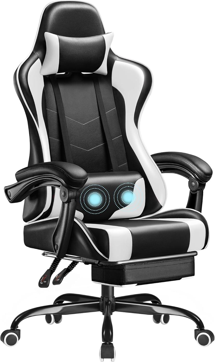 Killeryuki Gaming Chair, Video Game Chair with Footrest and Massage Lumbar Support, Ergonomic Computer Chair Height Adjustable with Swivel Seat and Headrest (White)