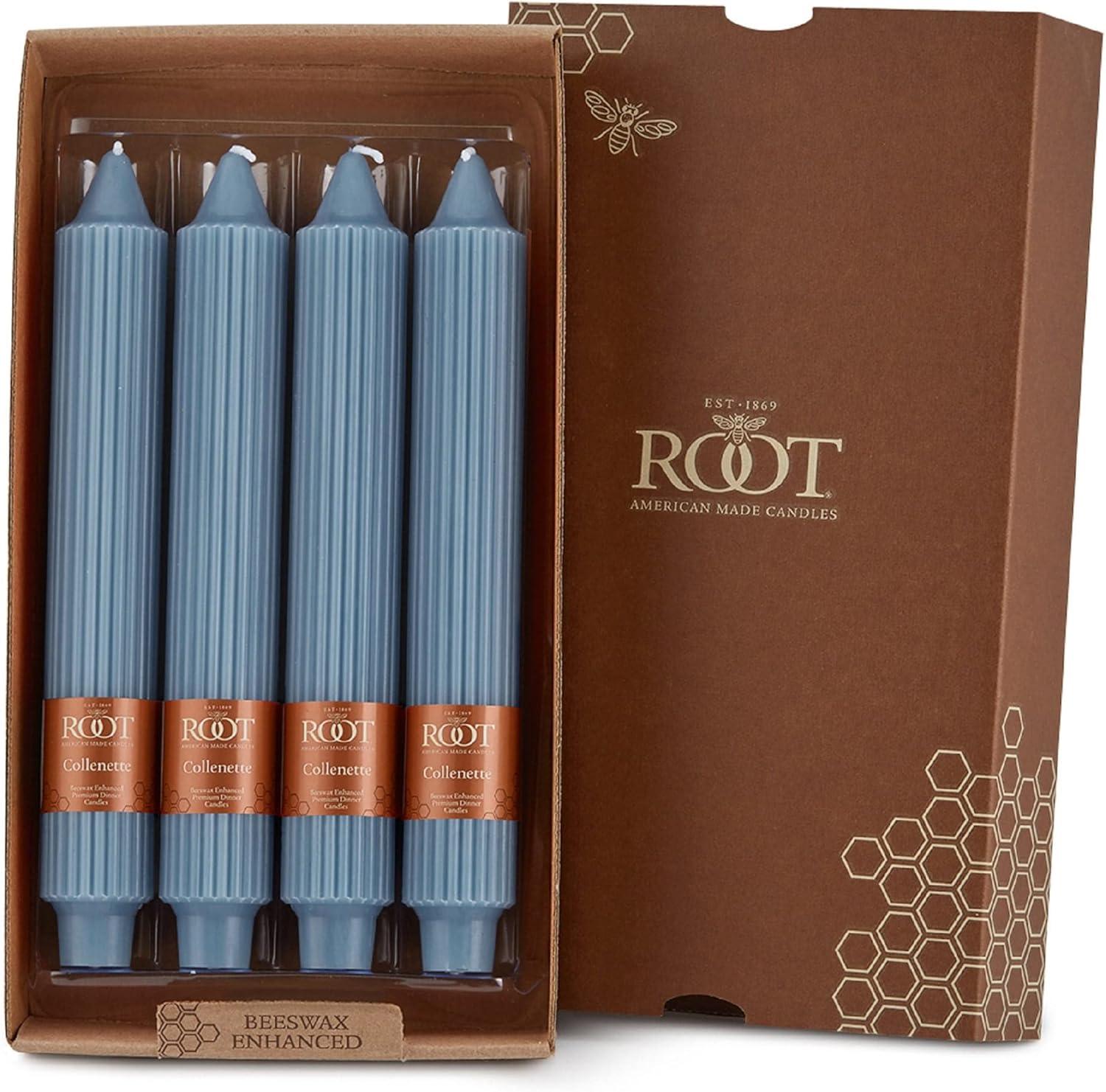 ROOT Candles Unscented Grecian Collenette Taper Candles, 9-Inch Tall, Box of 4, Color: Williamsburg Blue