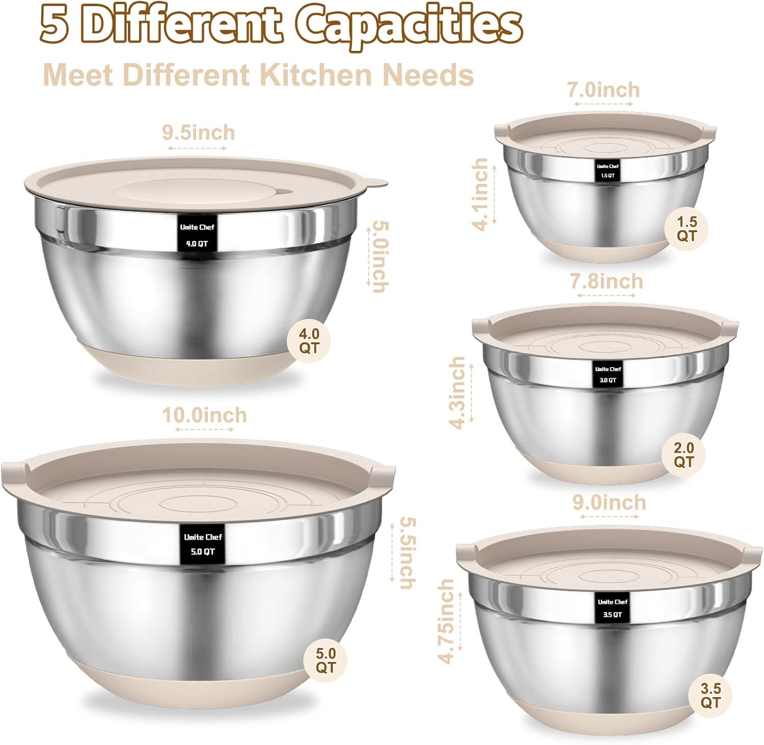 Stainless Steel Mixing Bowls Set with Airtight Lids and Grater Attachments