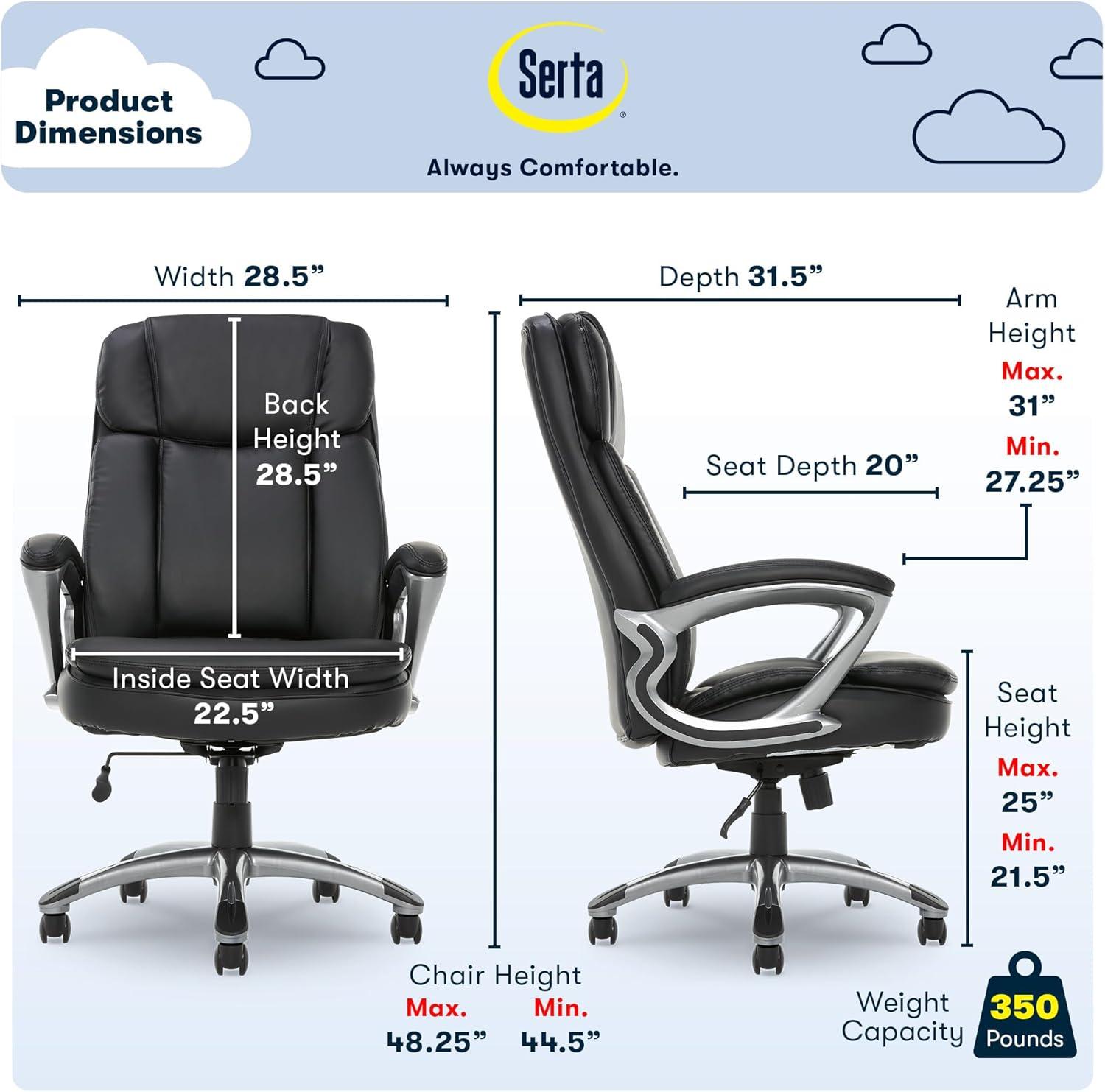 Serta Fairbanks Big and Tall High Back Executive Office and Gaming Chair with Layered Body Pillows