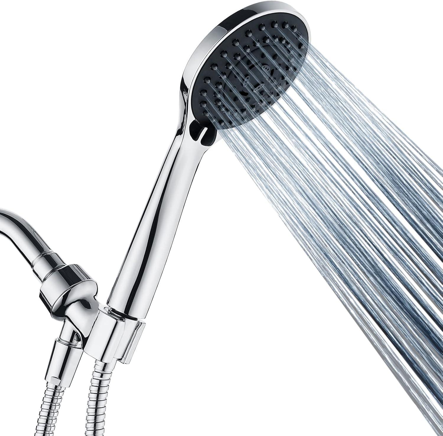 BRIGHT SHOWERS 5 Spray Settings Handheld Shower Head Kit, High Pressure Handheld Rain Shower with 60 Inch Long Stainless Steel Shower Hose and Adjustable Wall Bracket, Chrome