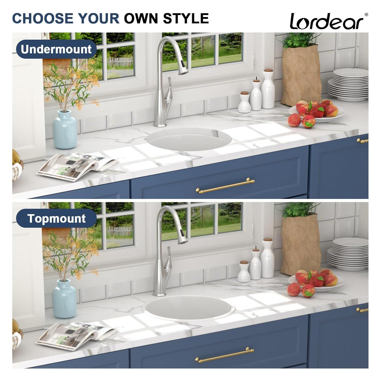 Lordear 18 Inch White Undermount Bar Sink RV 18 x 18 Inch Deep Single Bowl White Small Undermount Bar Prep Sinks Round With Gold Drainer