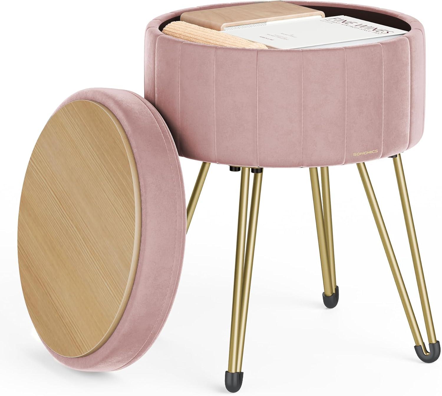 SONGMICS Vanity Stool Chair, Small Ottoman with Storage, Velvet Makeup Stool, 15.4 Dia. x 17.4 H Inches, 4 Metal Legs, for Makeup Room, Living Room, Bedroom, Jelly Pink ULOM003R01