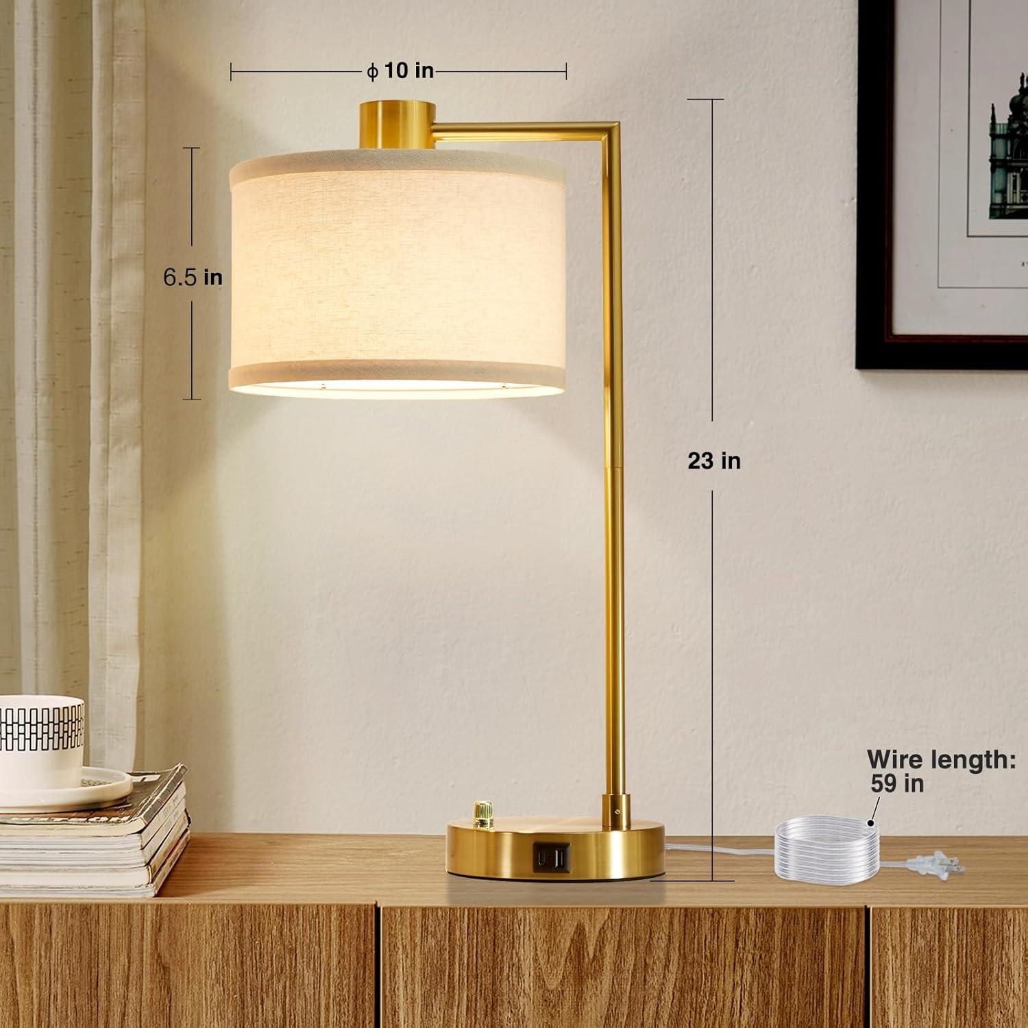 Table Lamp for Bedroom Set of 2 with USB C+A Ports, Fully Bedside Lamp with Linen Lampshade, Nightstand Lamp for Living Room Reading Office, 2 LED Bulbs Included (Gold)